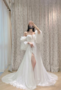 Off-the-Shoulder Chiffon Wedding Dress with Bishop Sleeves and High Slit
