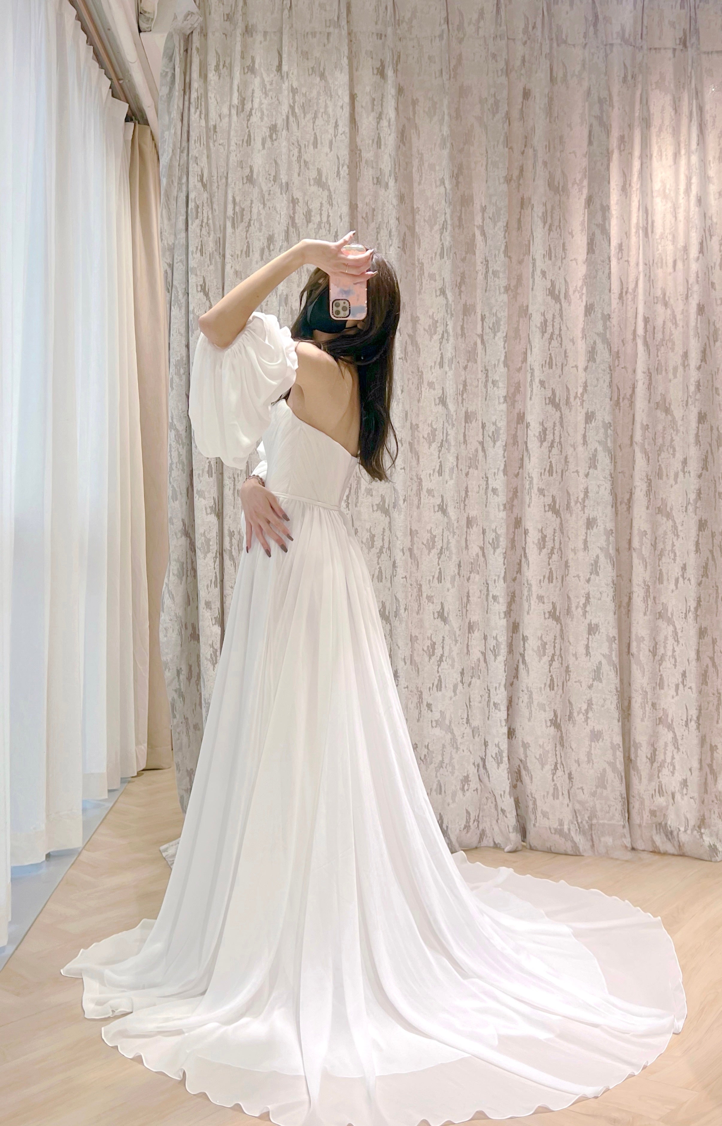 Off-the-Shoulder Chiffon Wedding Dress with Bishop Sleeves and High Slit