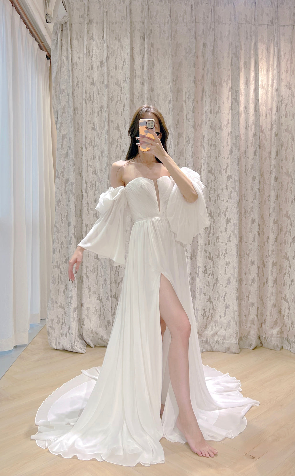 Off-the-Shoulder Chiffon Wedding Dress with Bishop Sleeves and High Slit