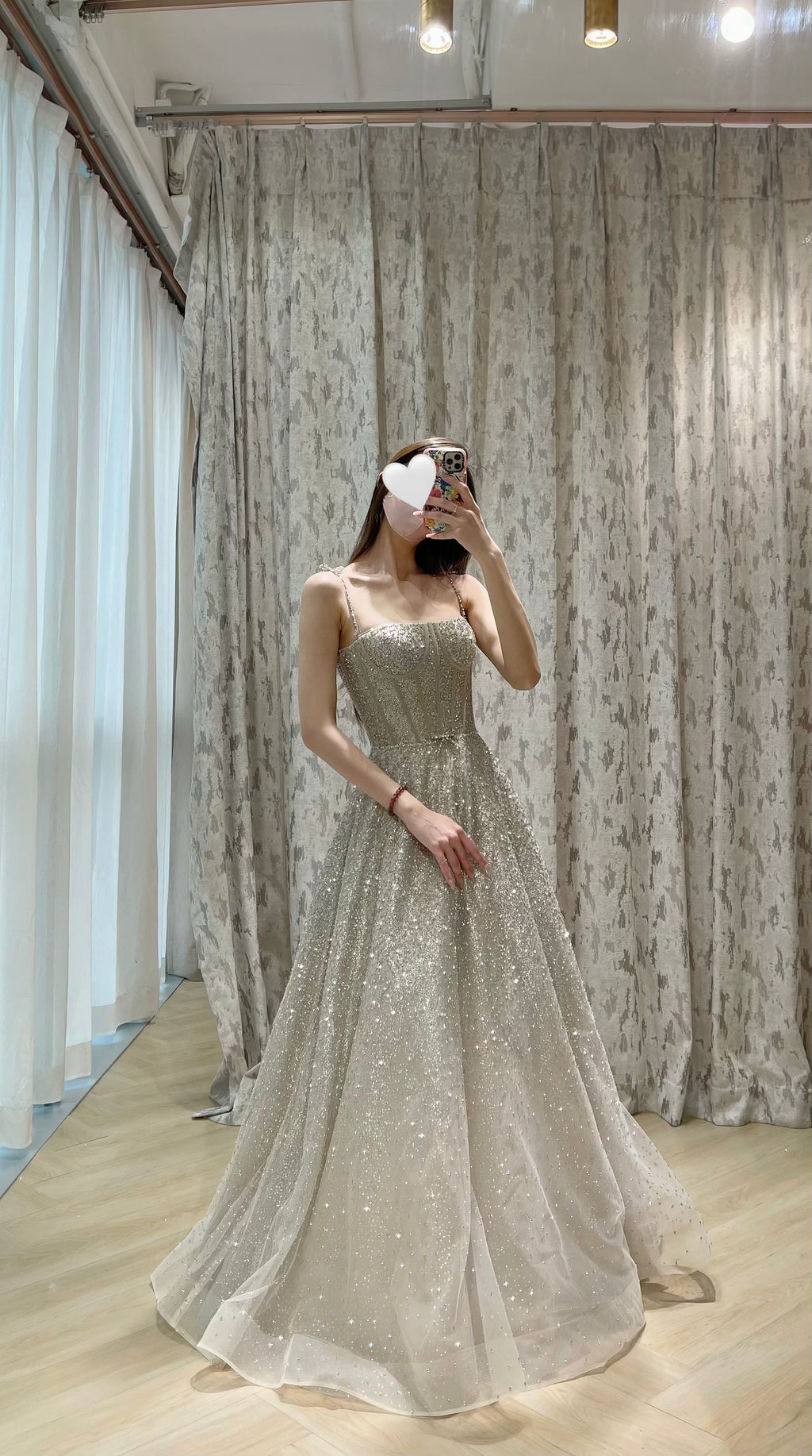 Convertible Glitter Tulle A-Line Evening Dress with Detachable Off-the-Shoulder Sleeves