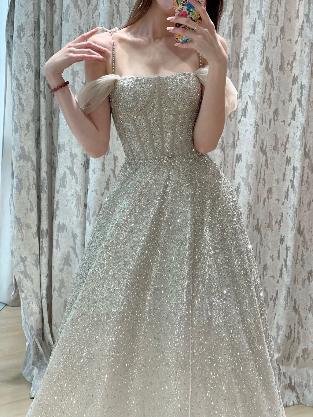 Convertible Glitter Tulle A-Line Evening Dress with Detachable Off-the-Shoulder Sleeves