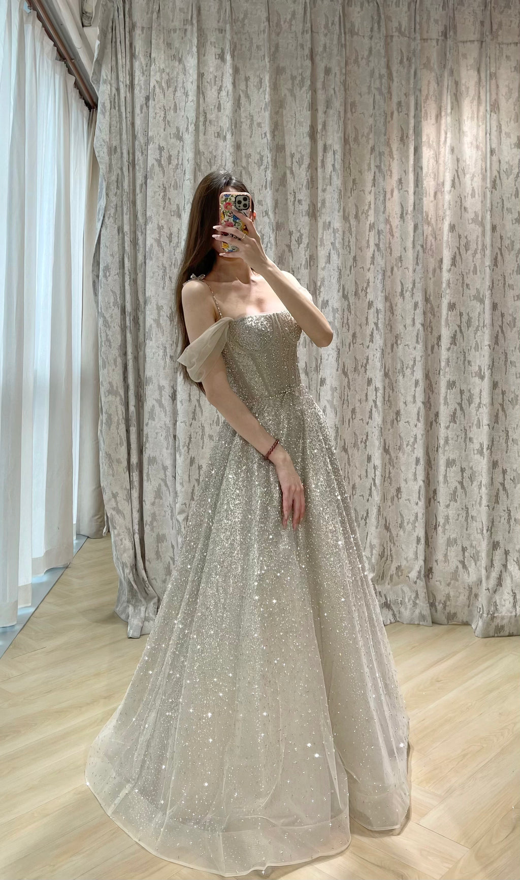 Convertible Glitter Tulle A-Line Evening Dress with Detachable Off-the-Shoulder Sleeves