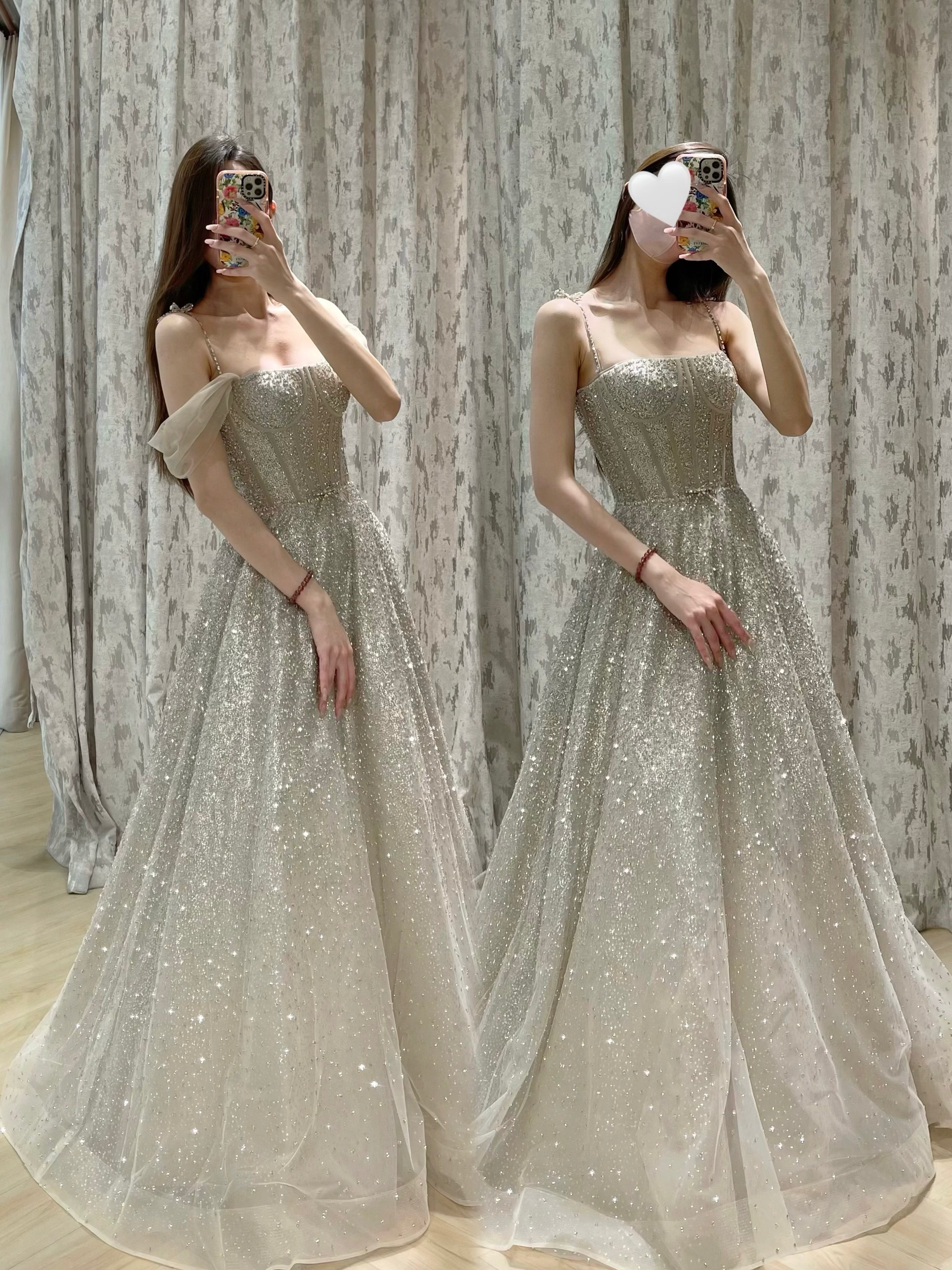 Convertible Glitter Tulle A-Line Evening Dress with Detachable Off-the-Shoulder Sleeves