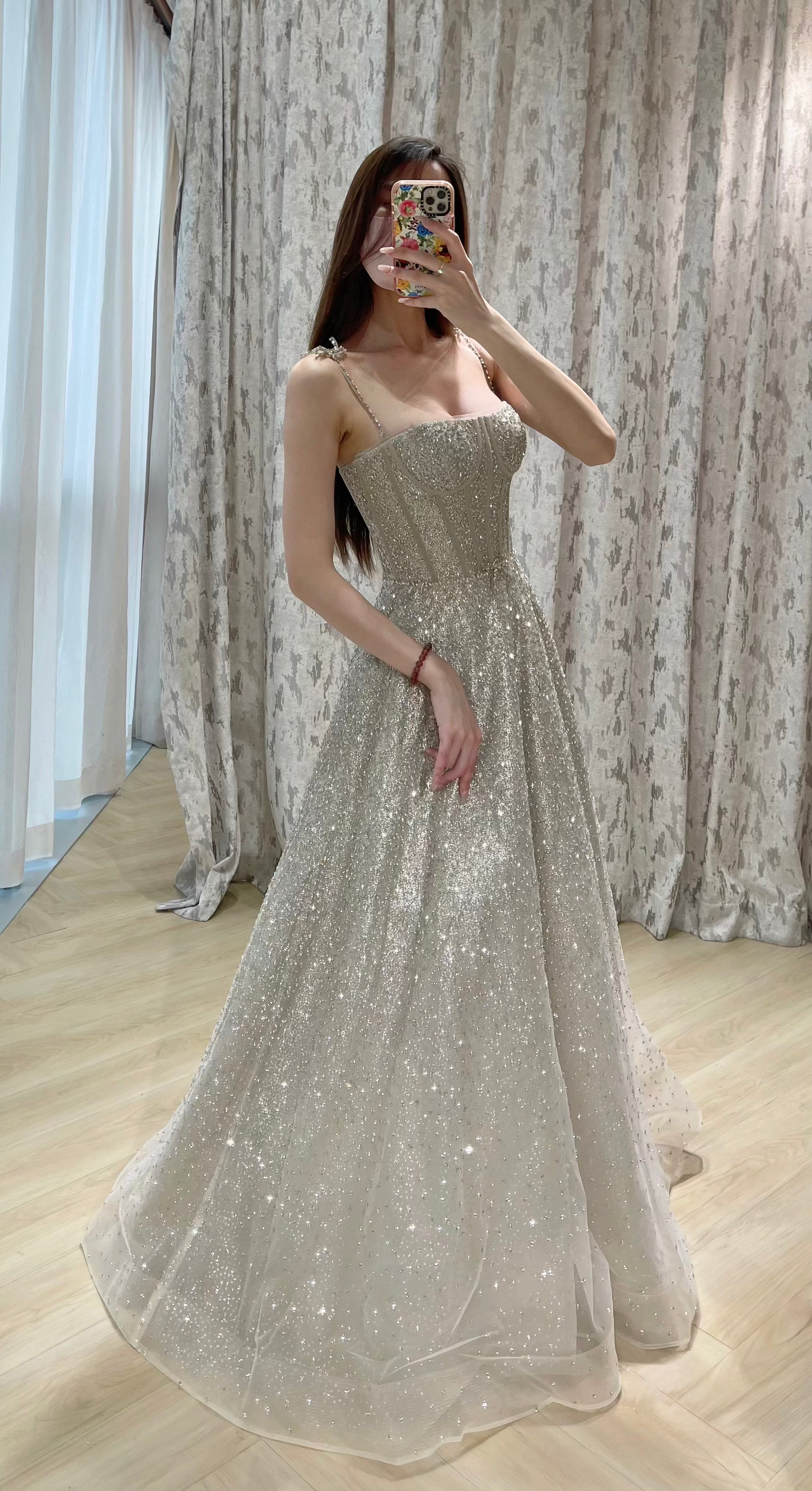 Convertible Glitter Tulle A-Line Evening Dress with Detachable Off-the-Shoulder Sleeves