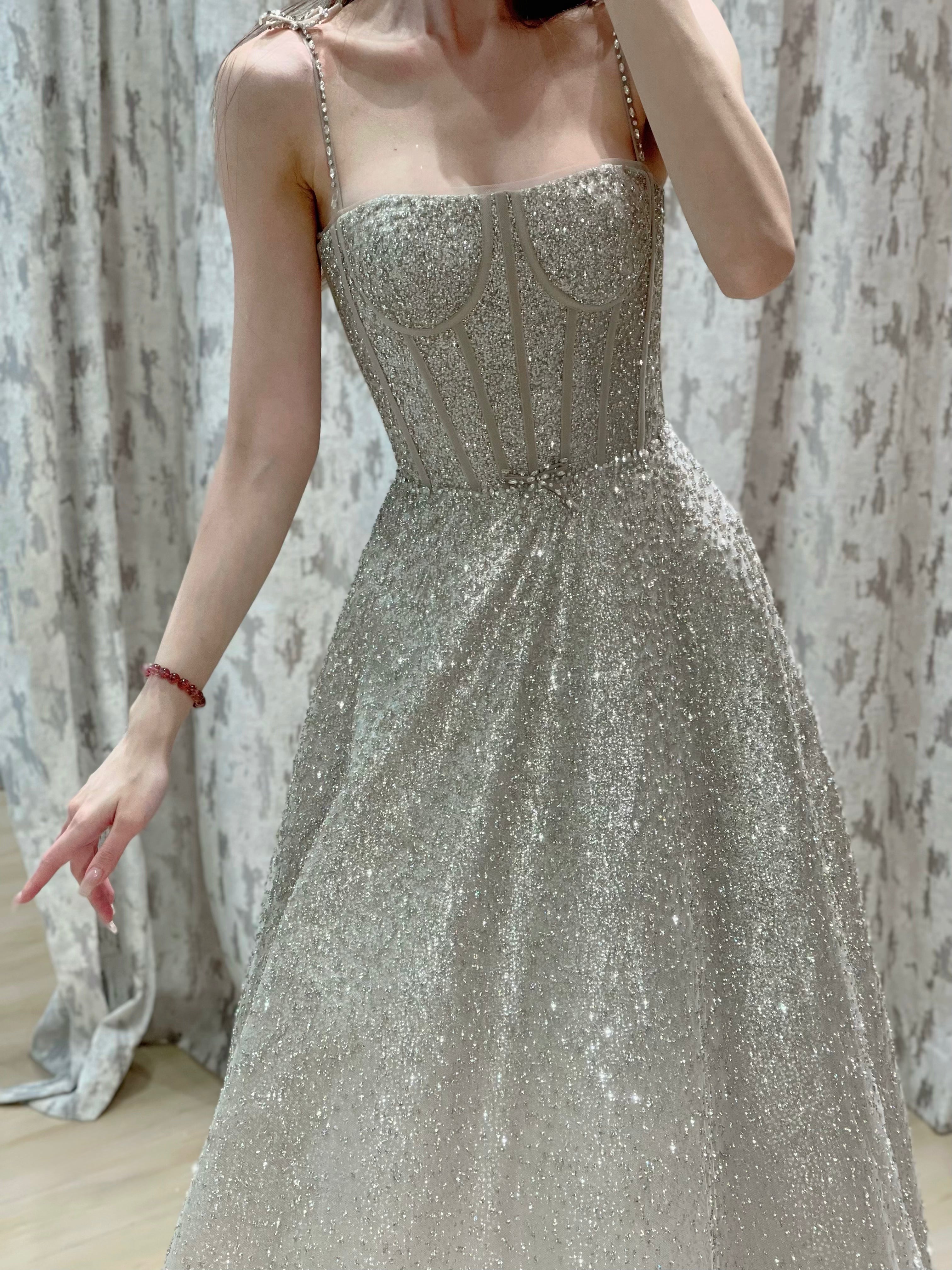 Convertible Glitter Tulle A-Line Evening Dress with Detachable Off-the-Shoulder Sleeves