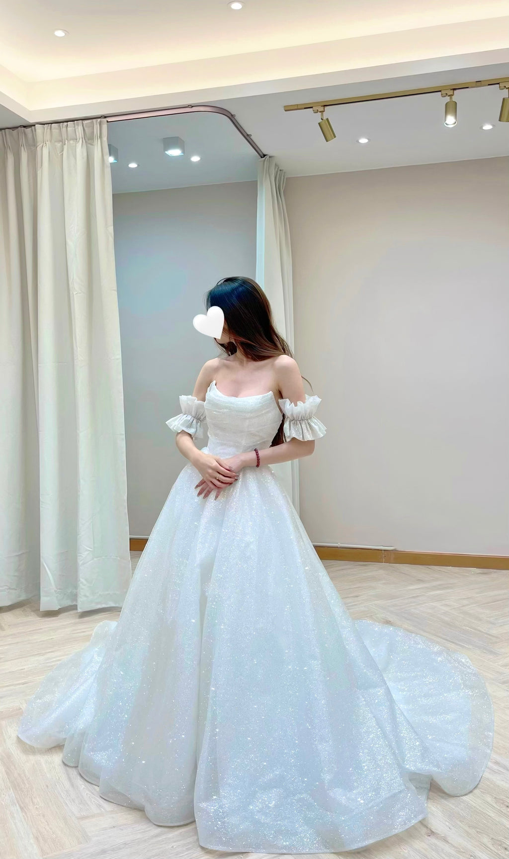 Convertible Sparkly Glitter Tulle Ball Gown Wedding Dress with Draped Bodice and Detachable Ruffle Sleeves