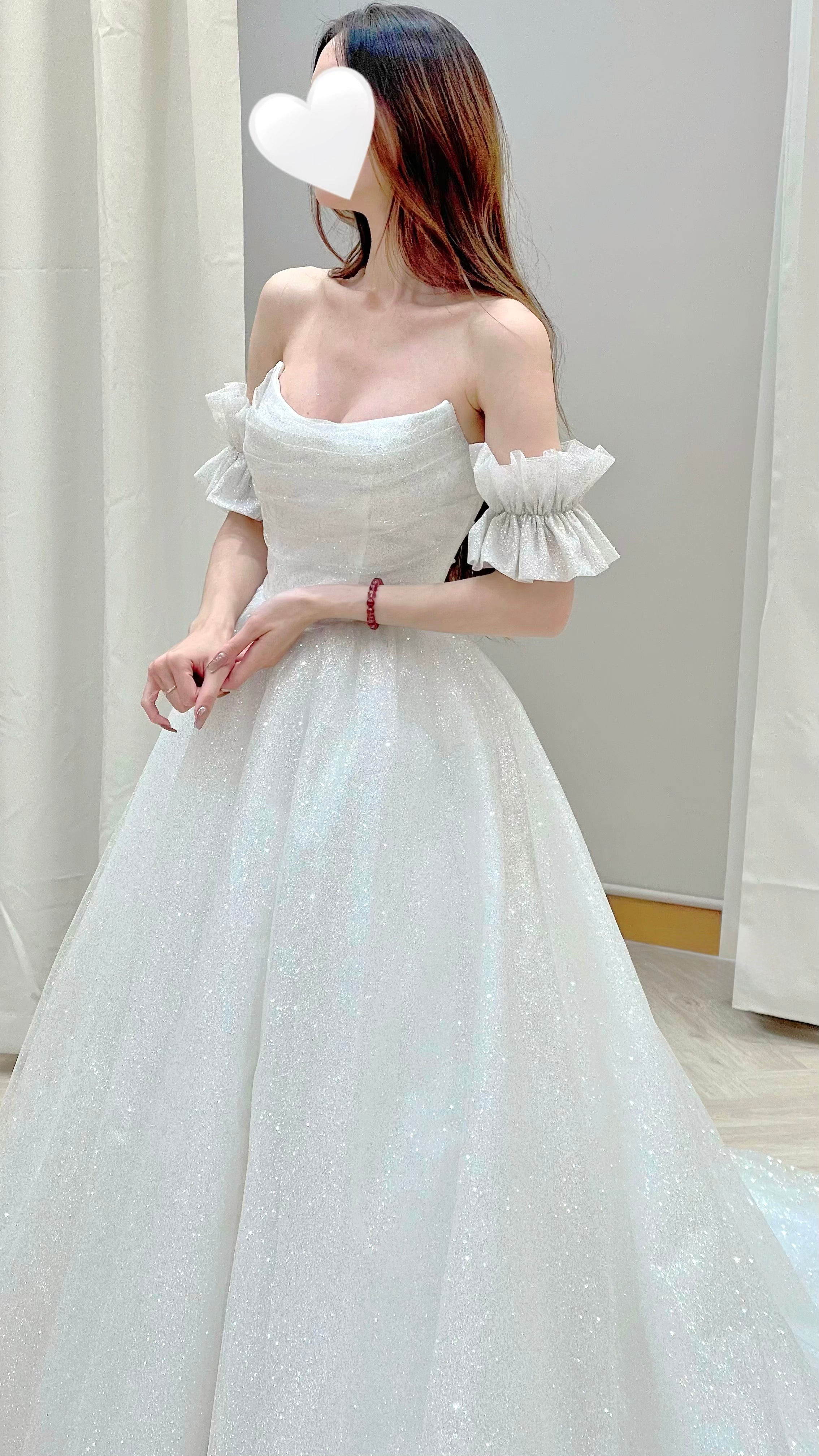Convertible Sparkly Glitter Tulle Ball Gown Wedding Dress with Draped Bodice and Detachable Ruffle Sleeves