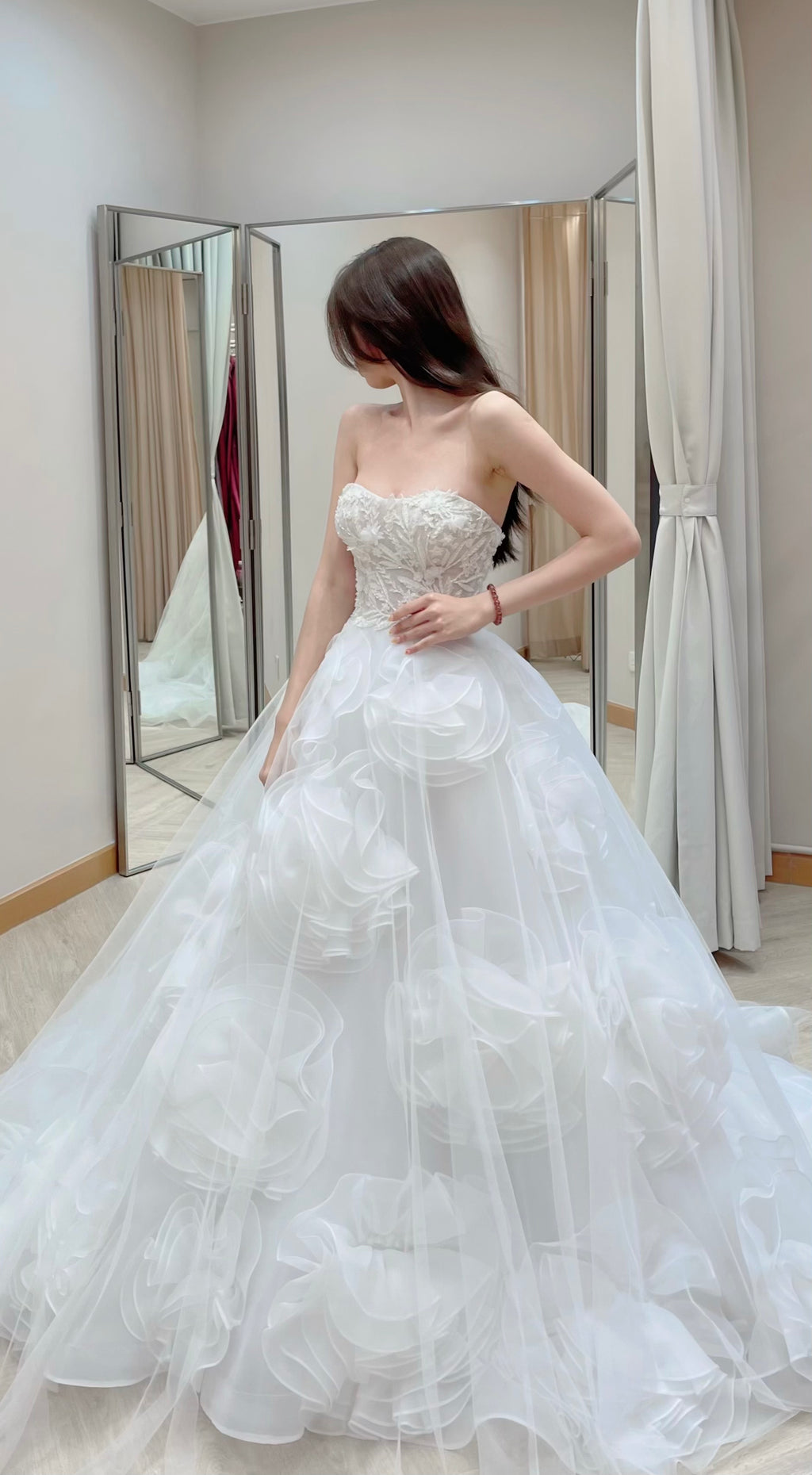 Convertible 3D Floral Ruffle Ball Gown Wedding Dress with Detachable Off-the-Shoulder Straps