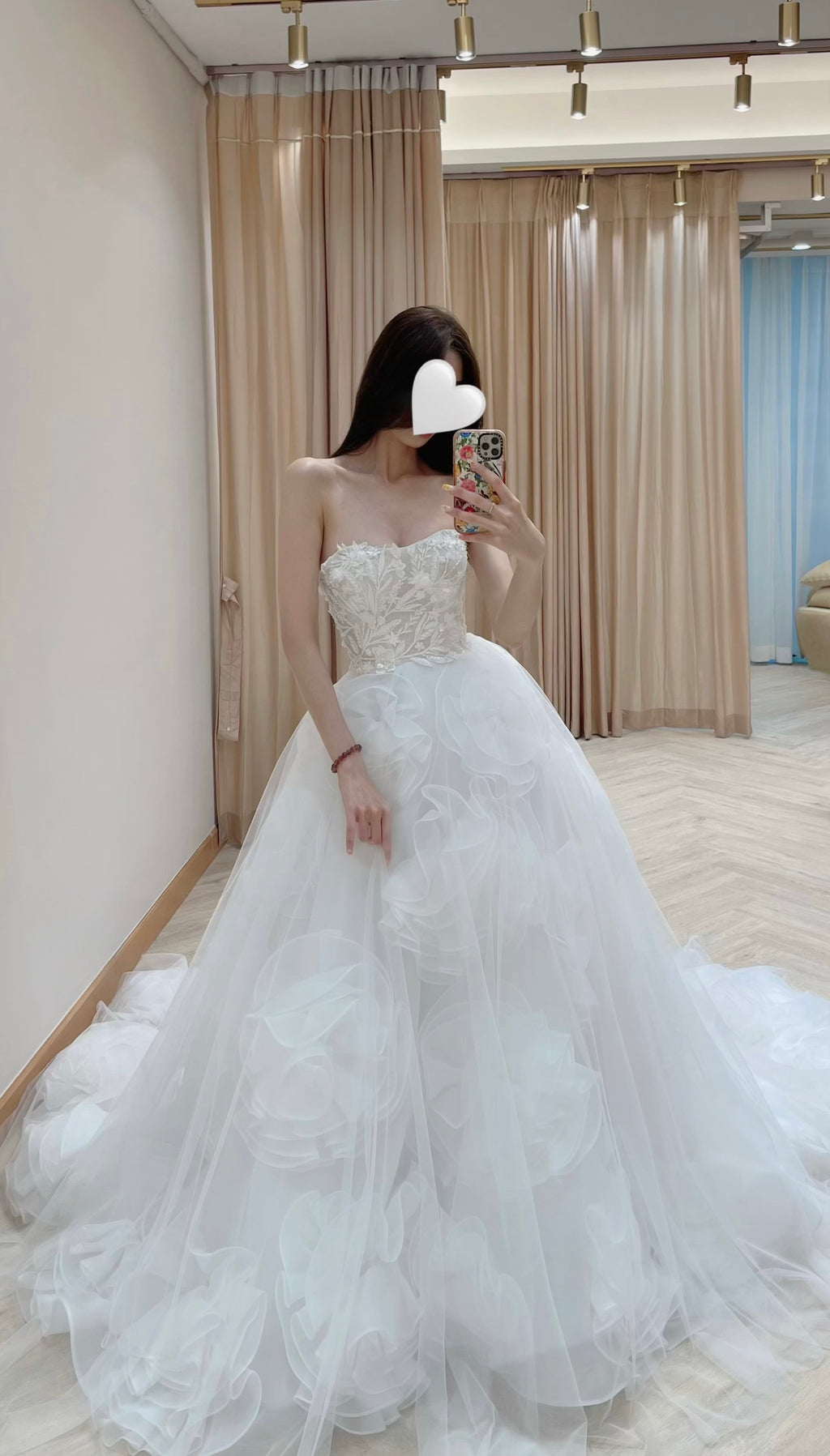 Convertible 3D Floral Ruffle Ball Gown Wedding Dress with Detachable Off-the-Shoulder Straps