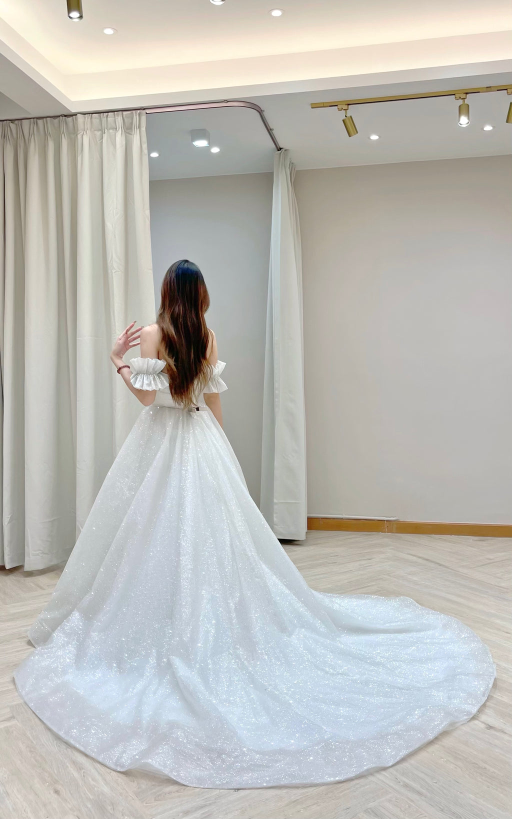 Convertible Sparkly Glitter Tulle Ball Gown Wedding Dress with Draped Bodice and Detachable Ruffle Sleeves