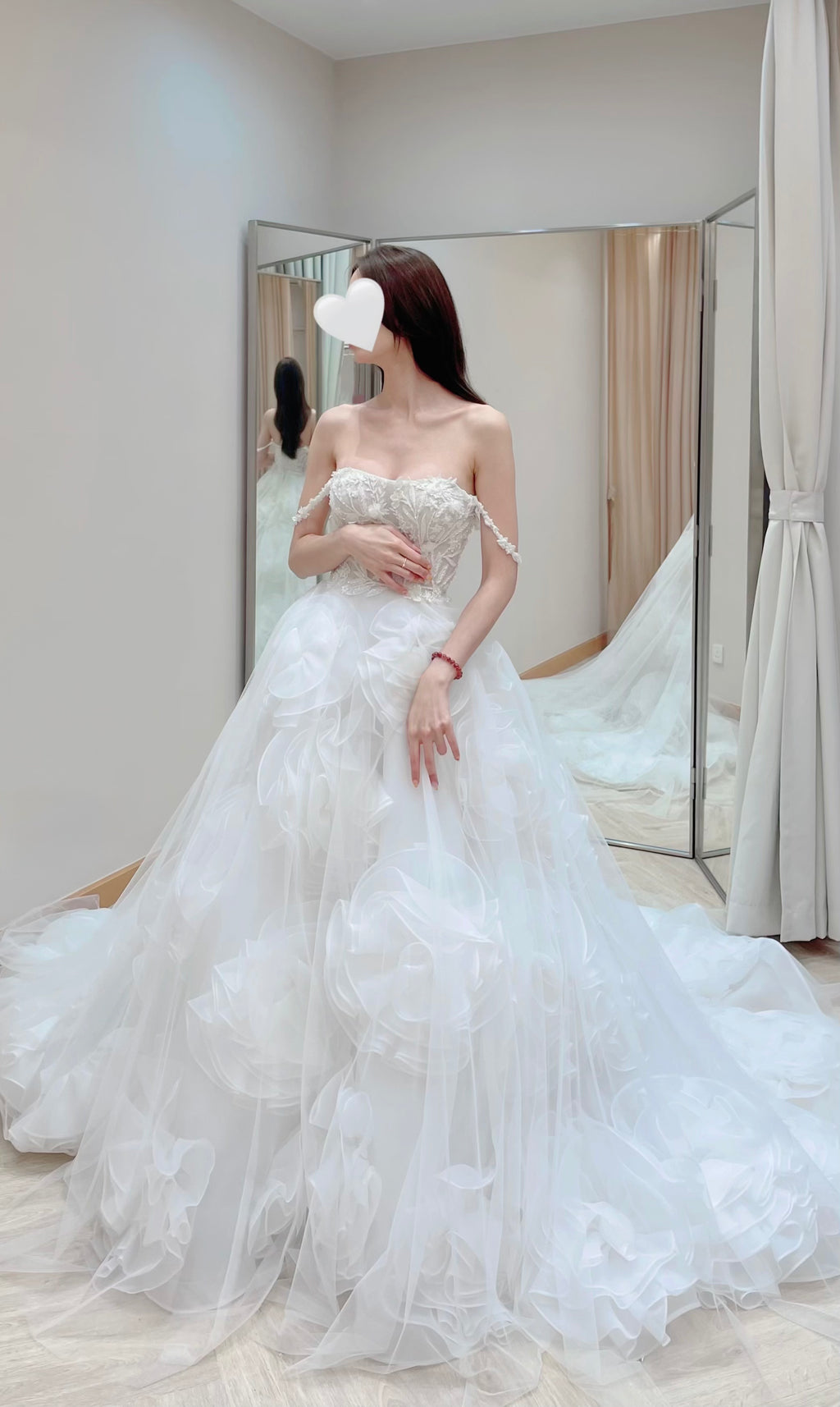 Convertible 3D Floral Ruffle Ball Gown Wedding Dress with Detachable Off-the-Shoulder Straps