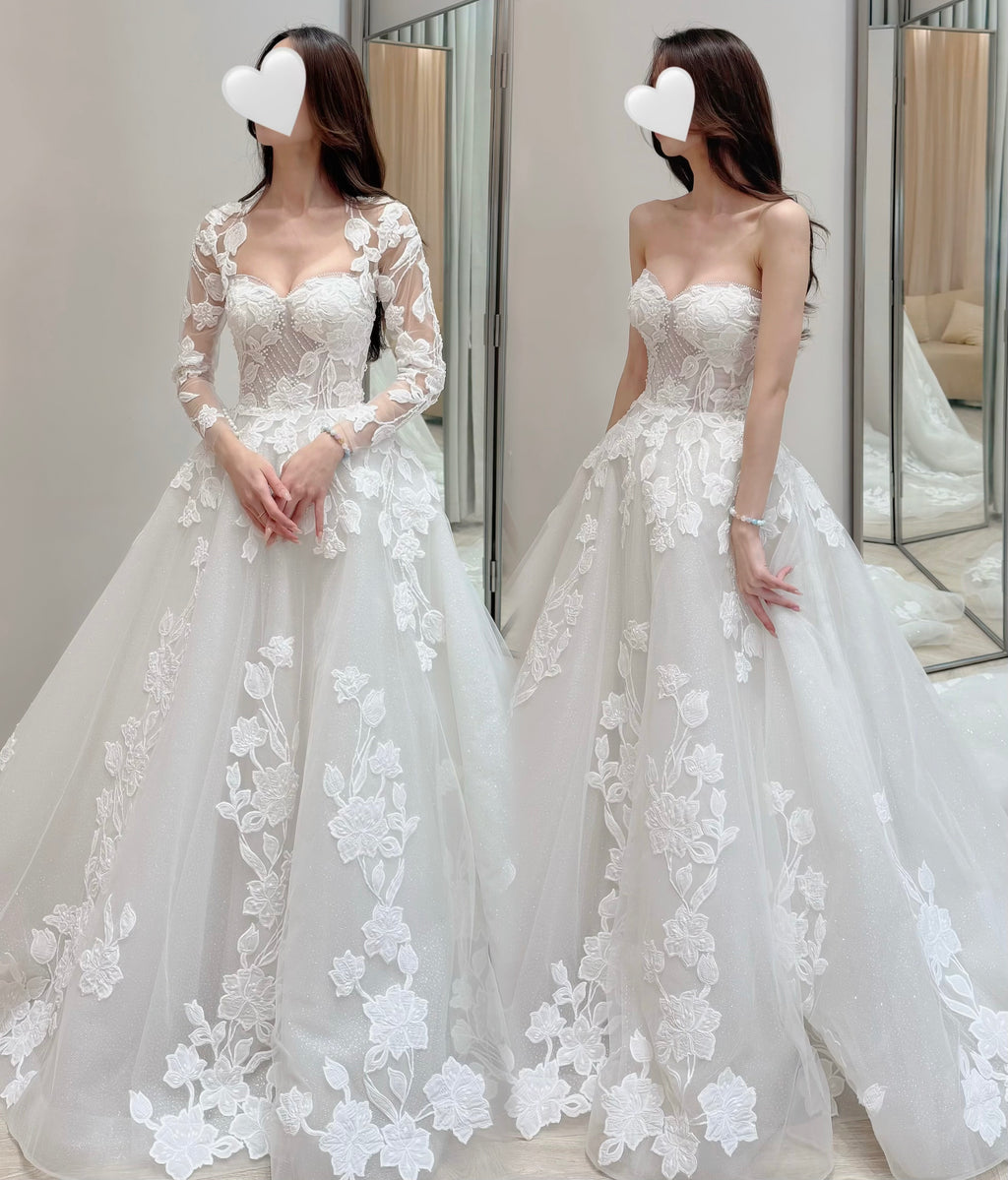 Strapless Sweetheart Glitter Tulle Ball Gown Wedding Dress with Detachable Long Sleeve Bolero
