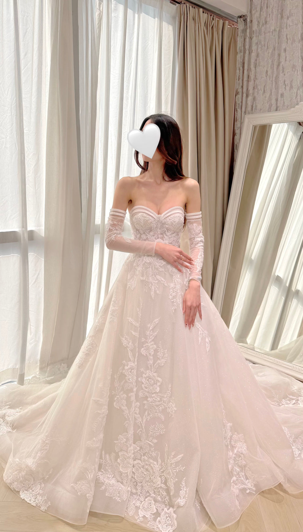 Sweetheart Neckline Embroidered Tulle Bridal Gown with Removable Straps and Long Sleeves