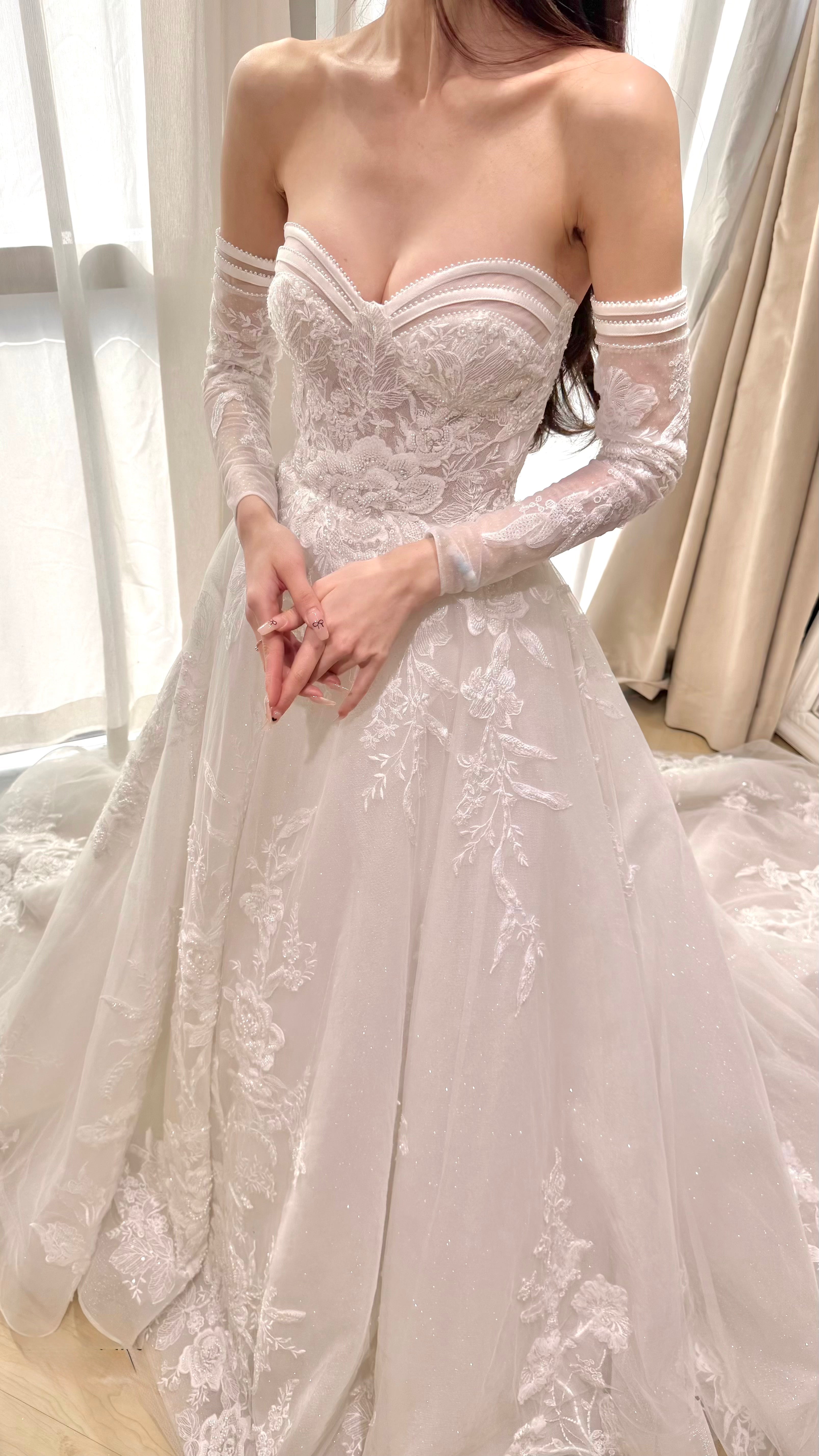 Sweetheart Neckline Embroidered Tulle Bridal Gown with Removable Straps and Long Sleeves