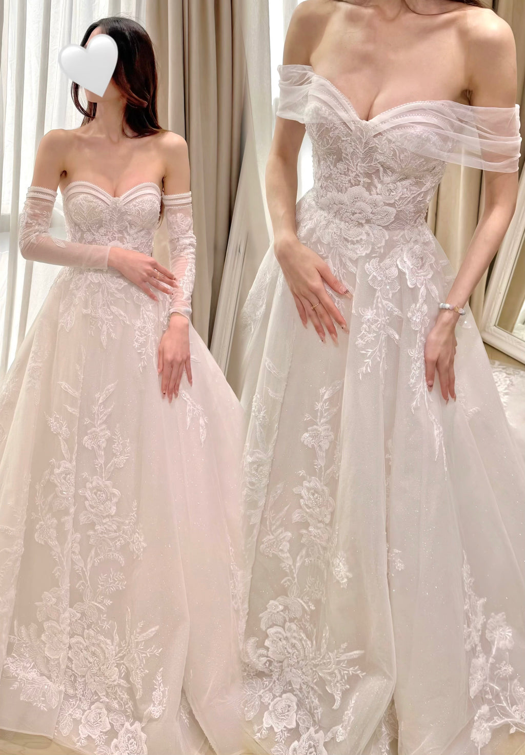 Sweetheart Neckline Embroidered Tulle Bridal Gown with Removable Straps and Long Sleeves