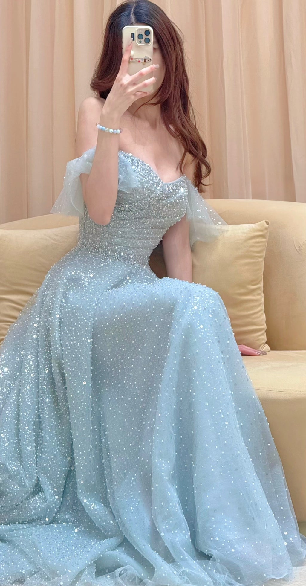 Off-the-Shoulder Glitter Tulle Evening Dress with Ruffled Sleeves