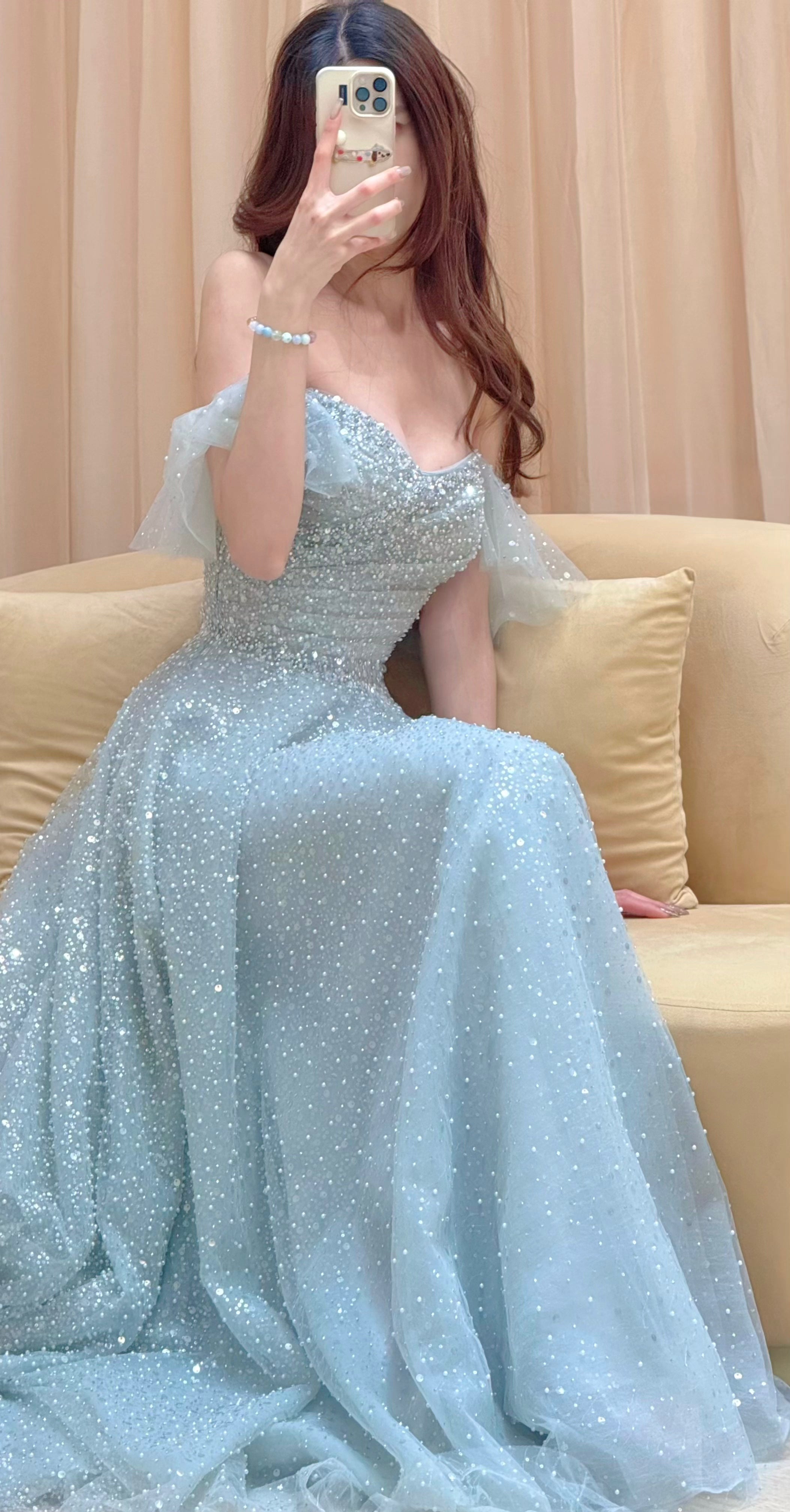 Off-the-Shoulder Glitter Tulle Evening Dress with Ruffled Sleeves