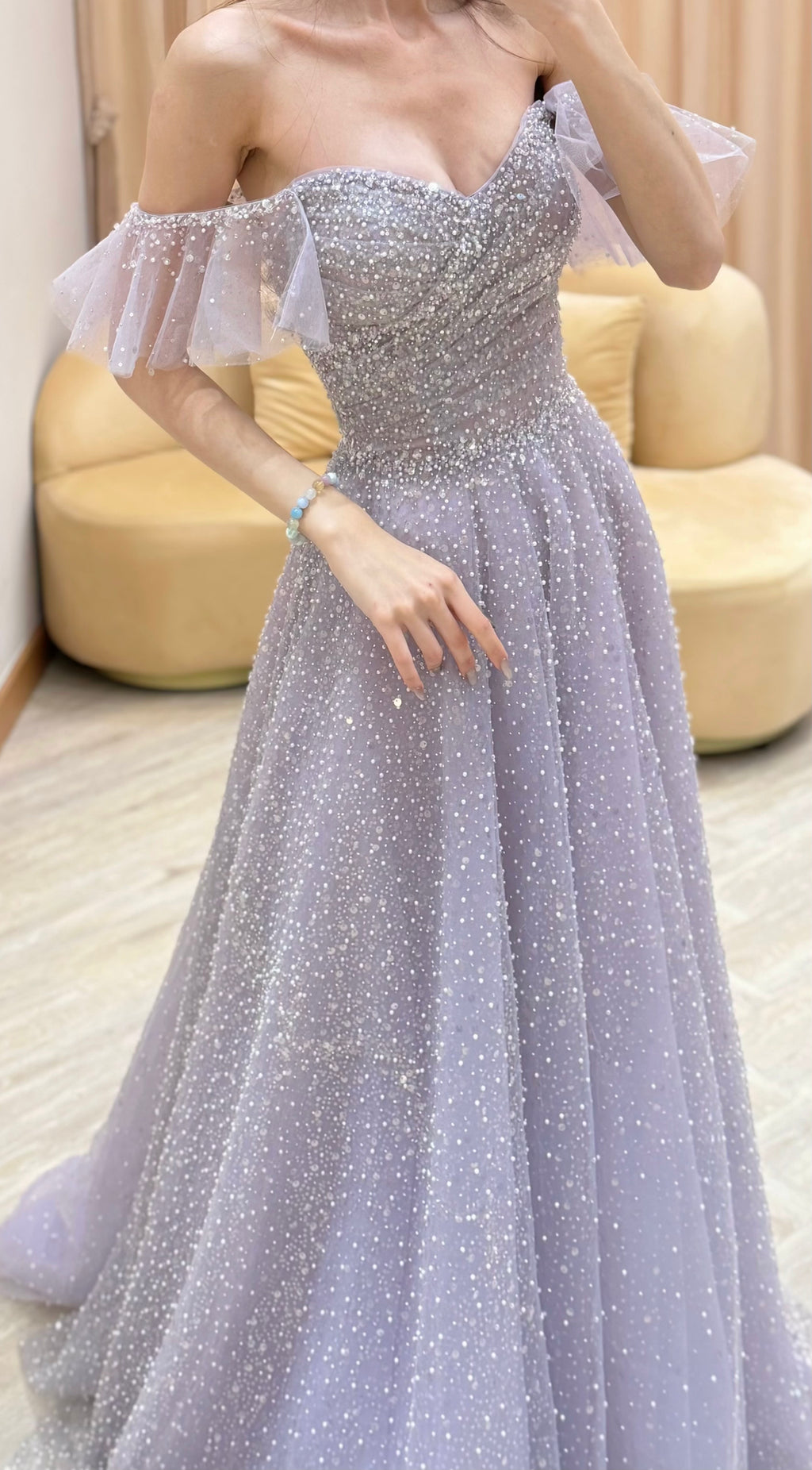 Off-the-Shoulder Glitter Tulle Evening Dress with Ruffled Sleeves