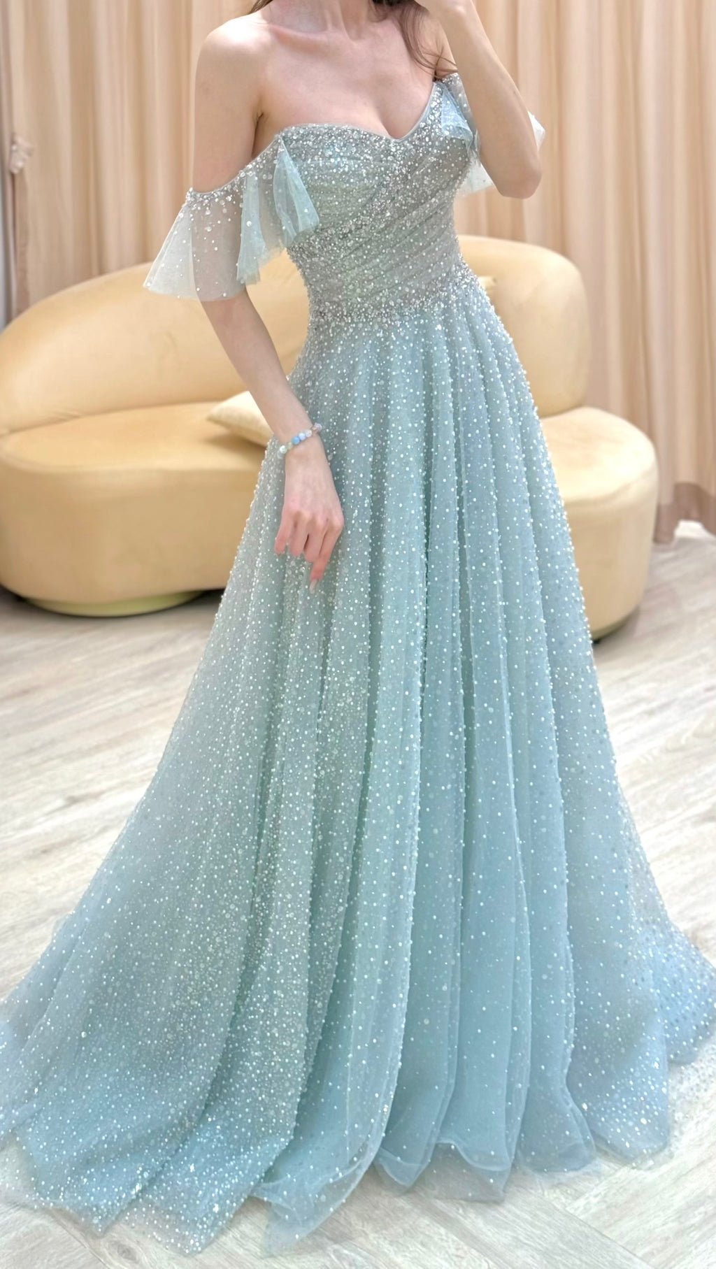 Off-the-Shoulder Glitter Tulle Evening Dress with Ruffled Sleeves