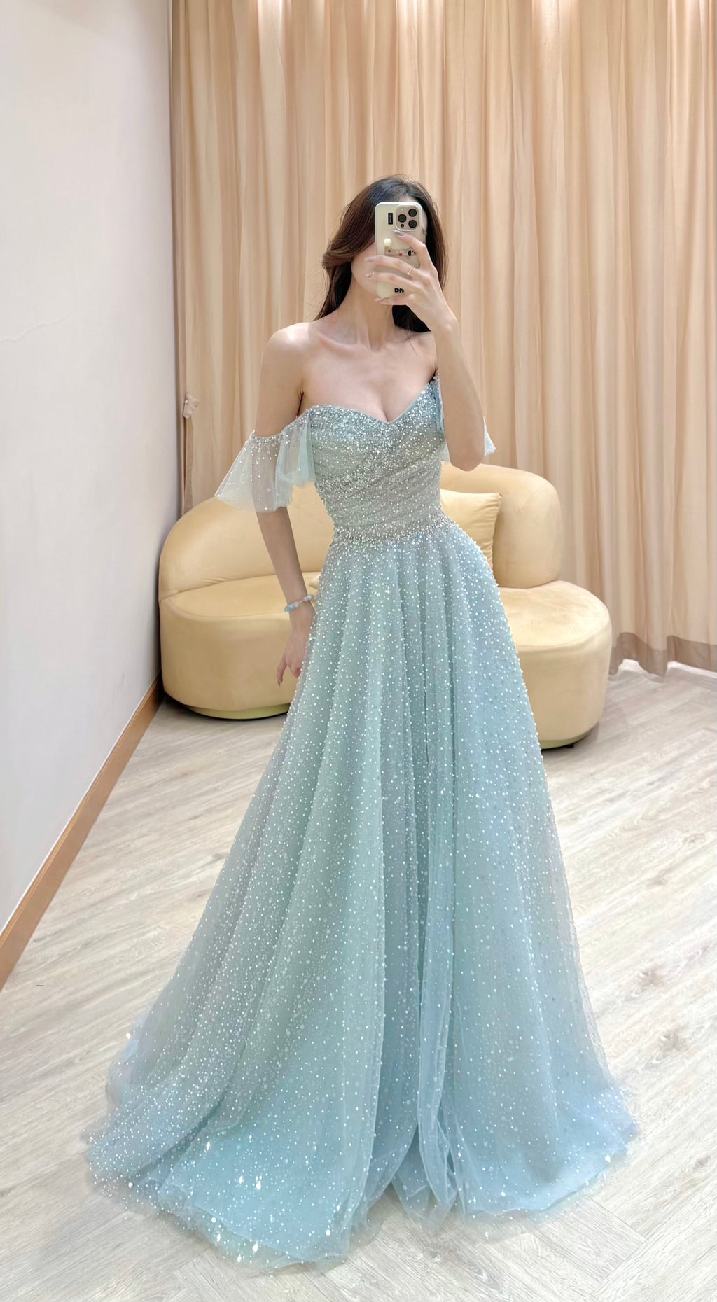 Off-the-Shoulder Glitter Tulle Evening Dress with Ruffled Sleeves
