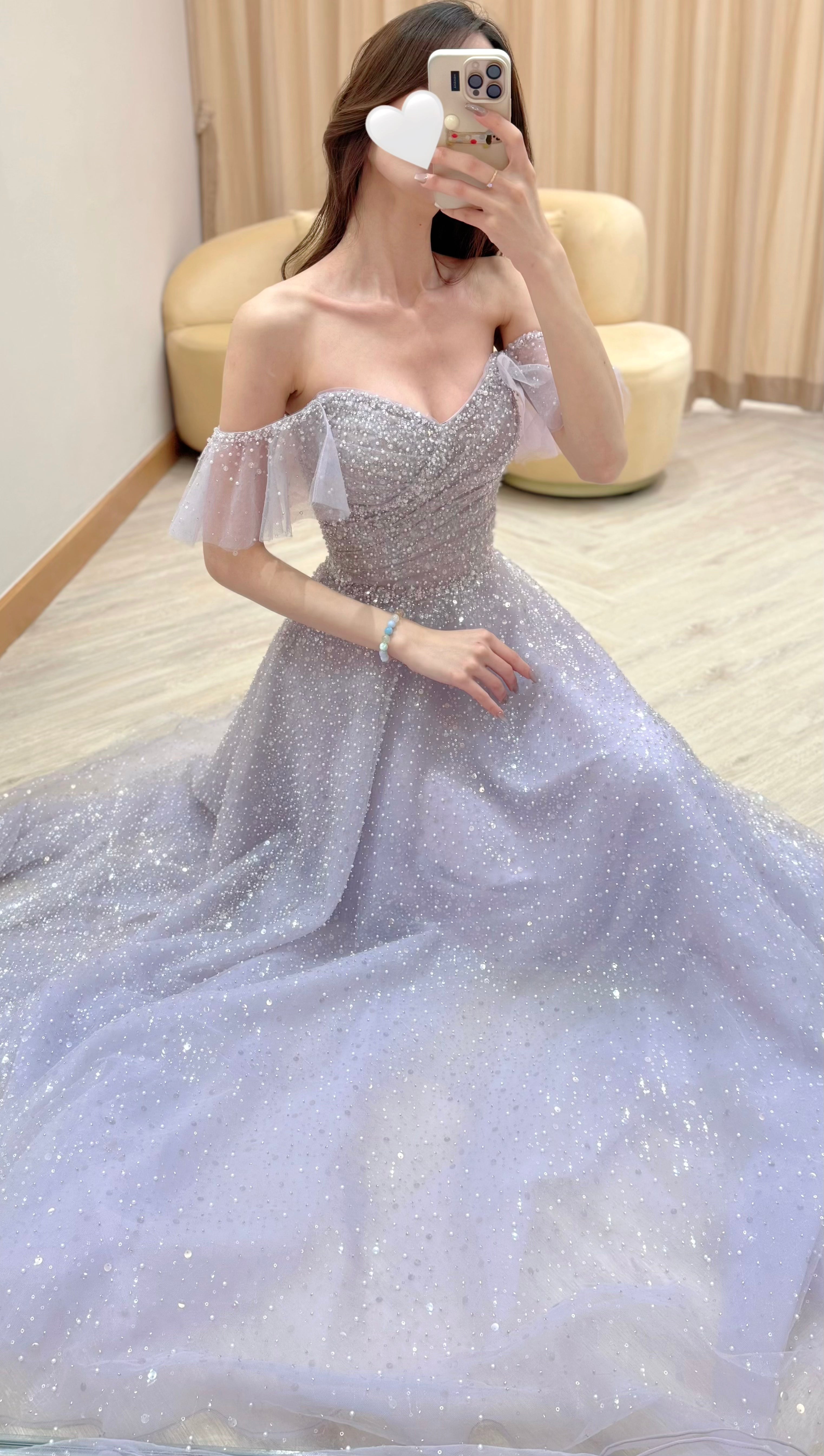 Off-the-Shoulder Glitter Tulle Evening Dress with Ruffled Sleeves