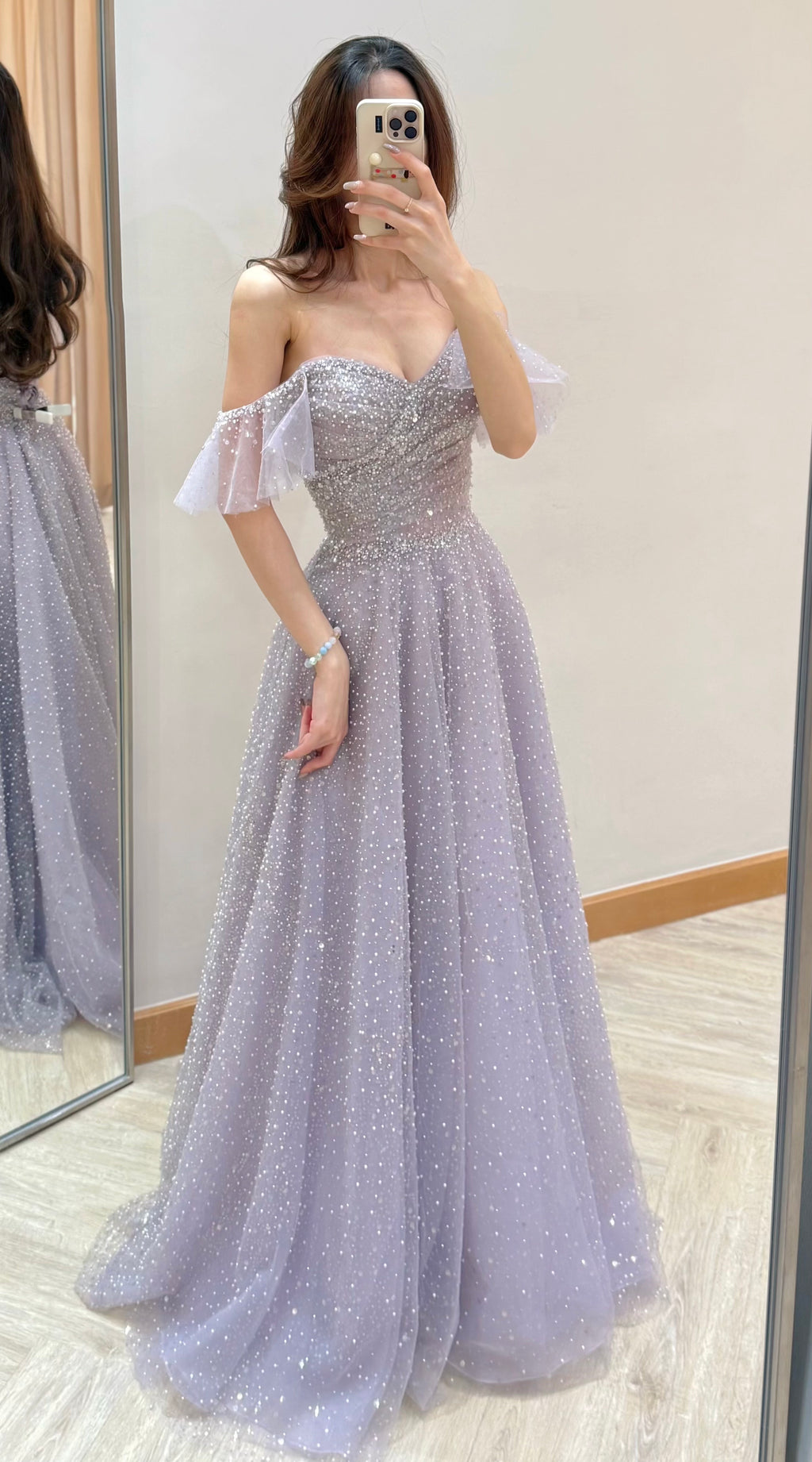 Off-the-Shoulder Glitter Tulle Evening Dress with Ruffled Sleeves