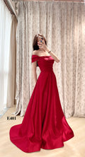 Off-the-Shoulder Red Satin A-Line Evening Dress with Draped Bodice