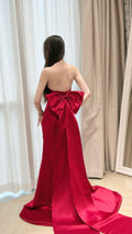 Strapless Red Satin Mermaid Evening Dress with Back Bow