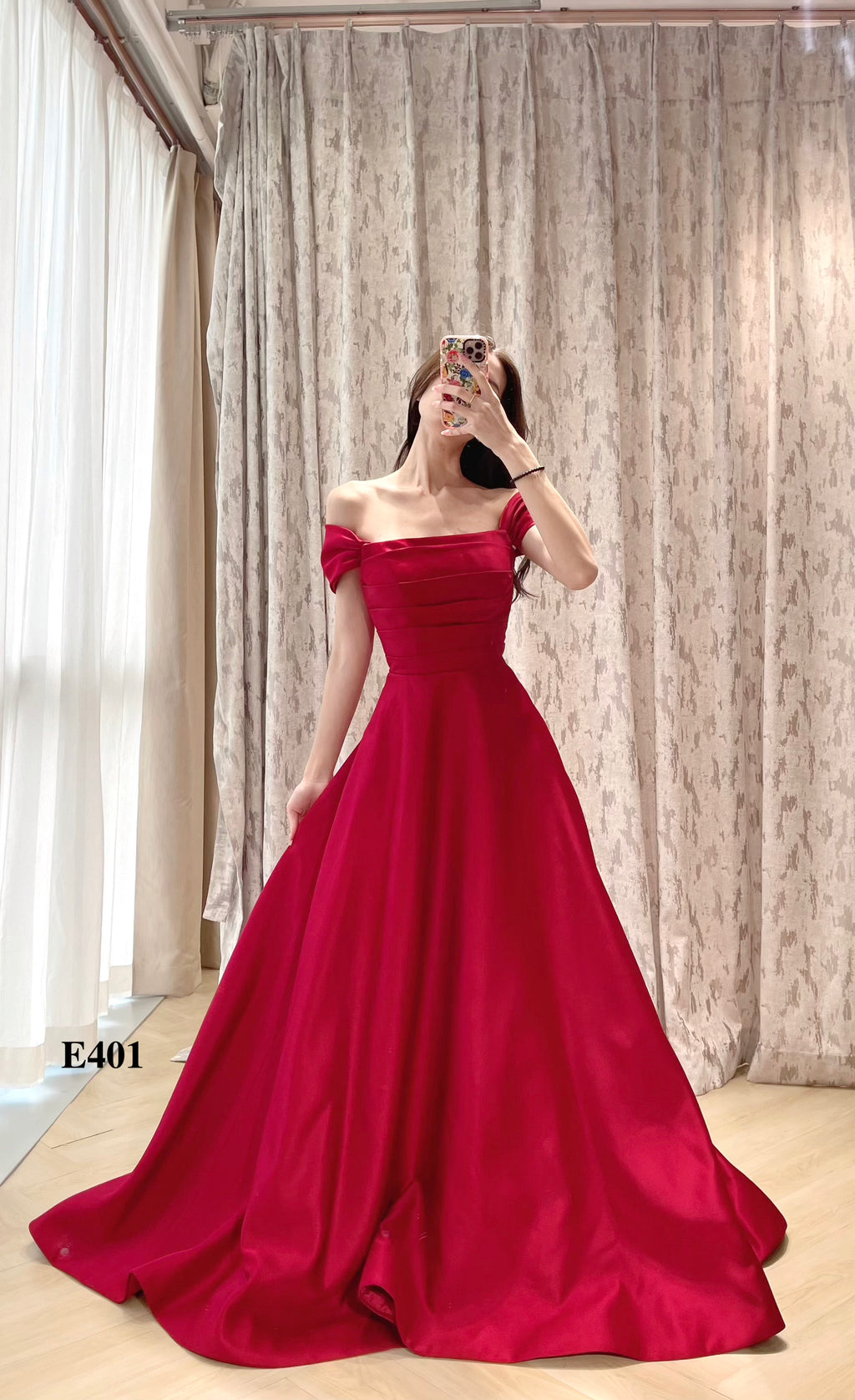 Off-the-Shoulder Red Satin A-Line Evening Dress with Draped Bodice