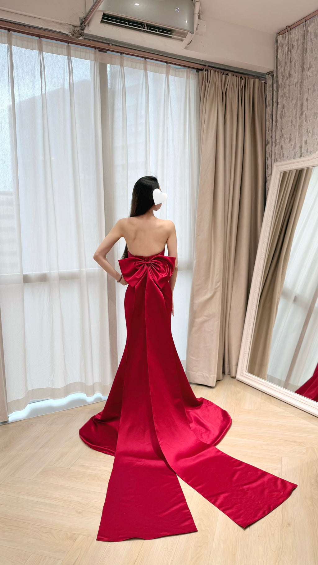 Strapless Red Satin Mermaid Evening Dress with Back Bow