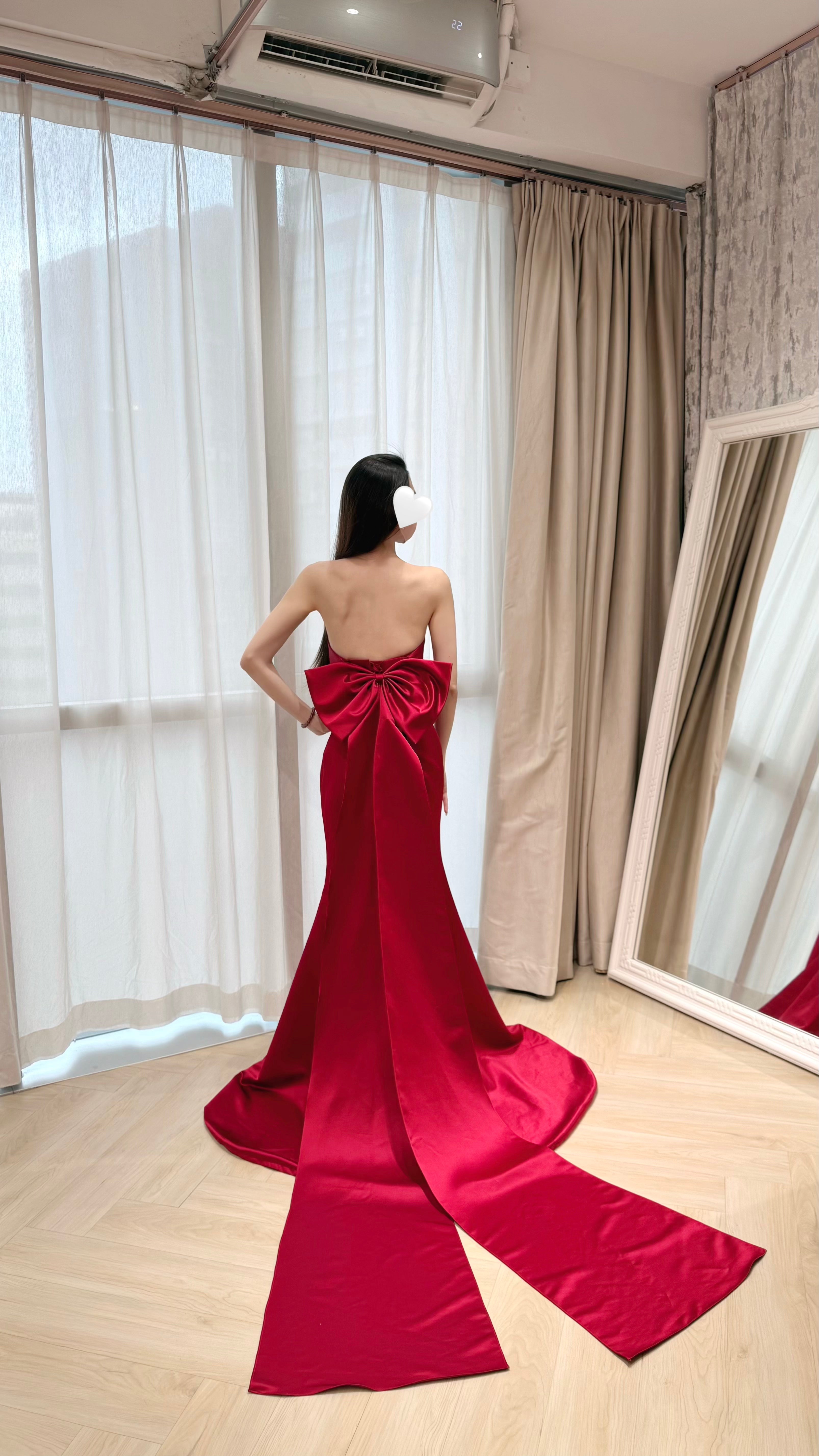 Strapless Red Satin Mermaid Evening Dress with Back Bow