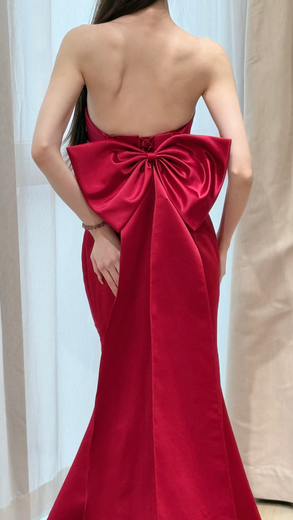 Strapless Red Satin Mermaid Evening Dress with Back Bow