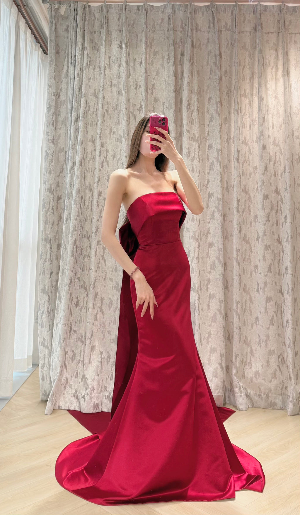 Strapless Red Satin Mermaid Evening Dress with Back Bow