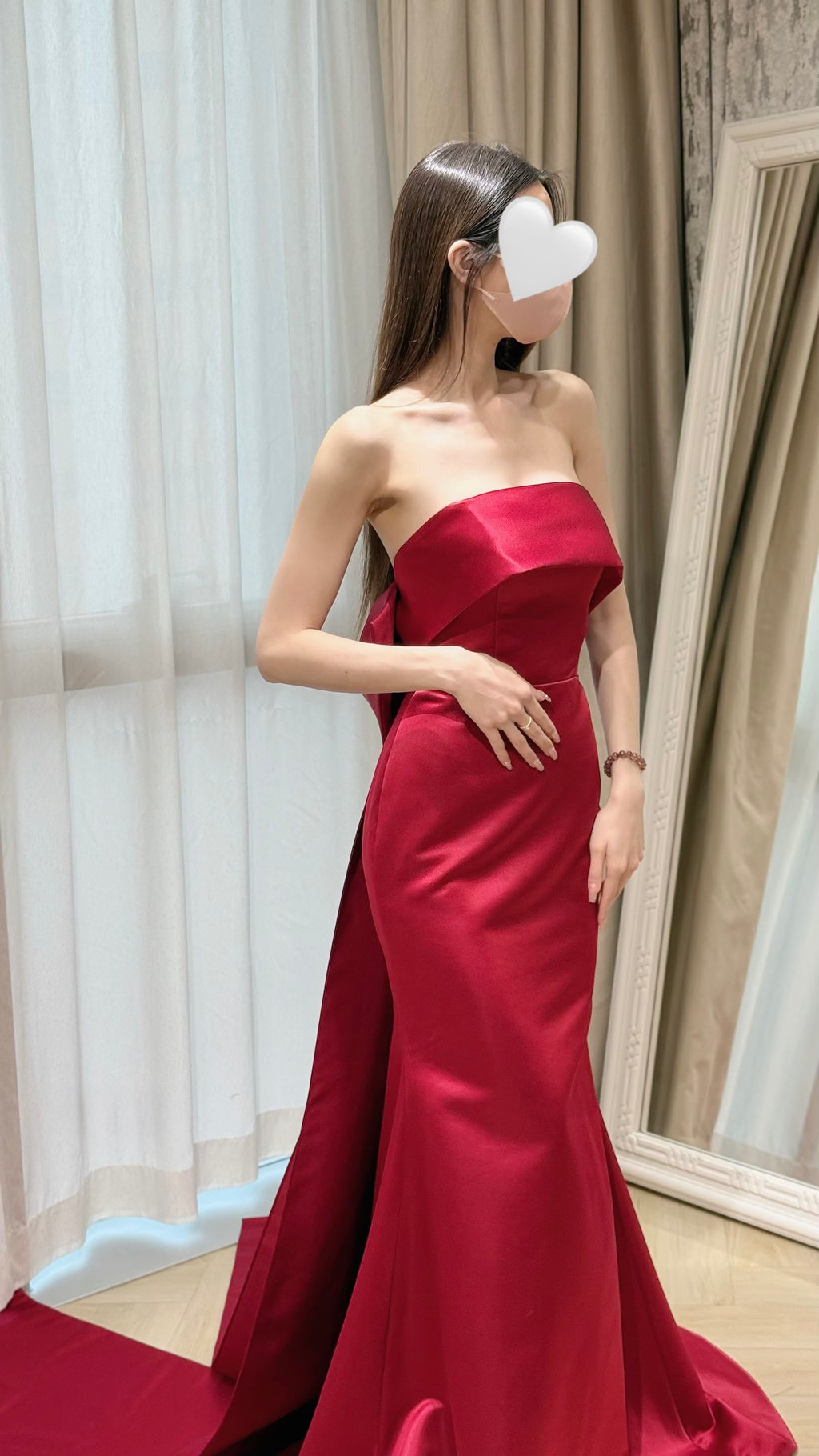 Strapless Red Satin Mermaid Evening Dress with Back Bow