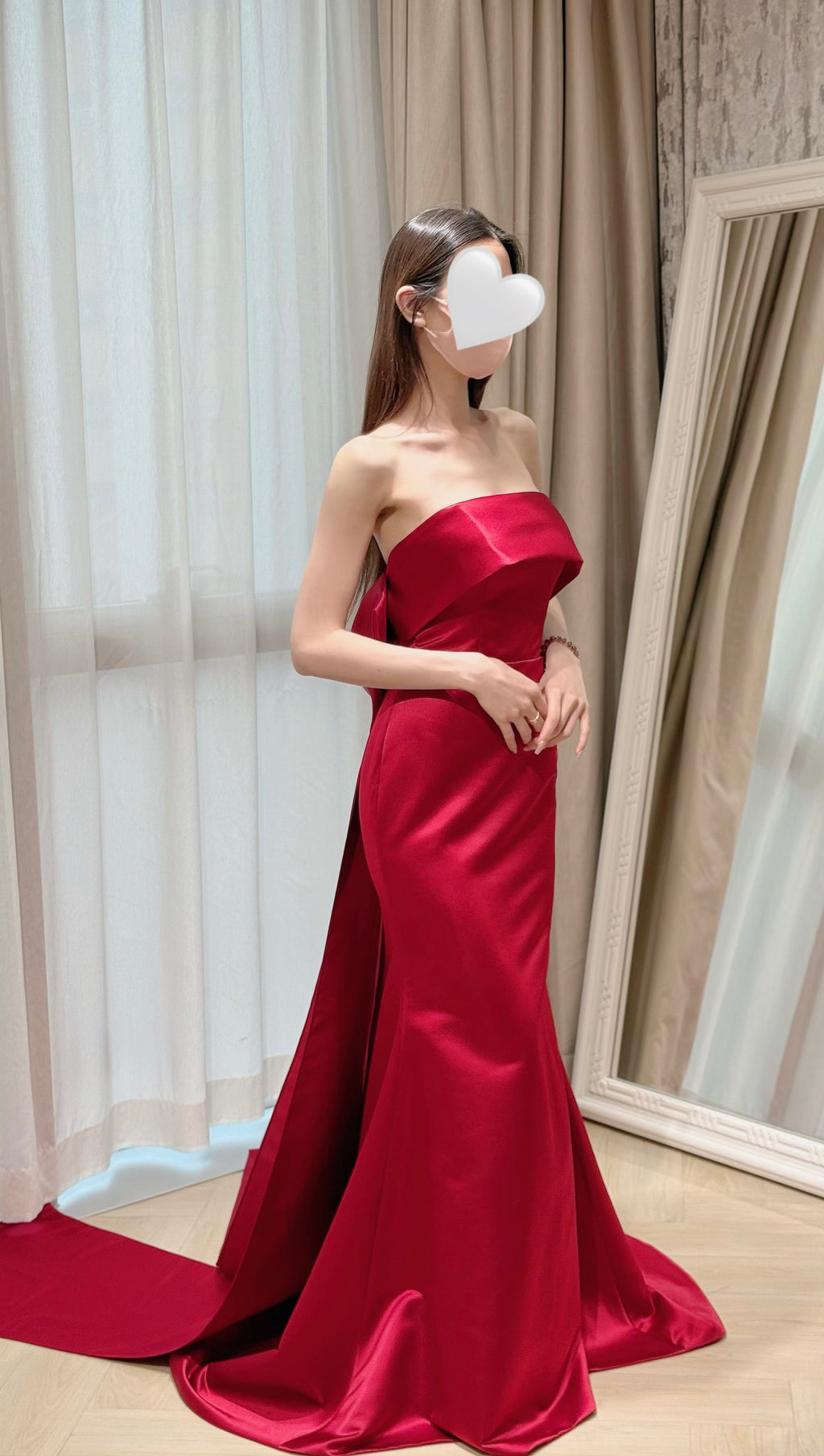 Strapless Red Satin Mermaid Evening Dress with Back Bow