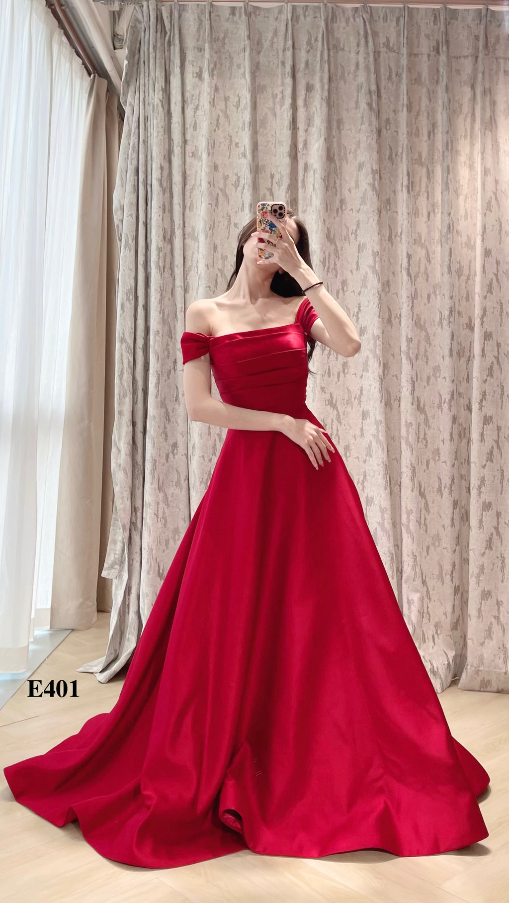 Off-the-Shoulder Red Satin A-Line Evening Dress with Draped Bodice