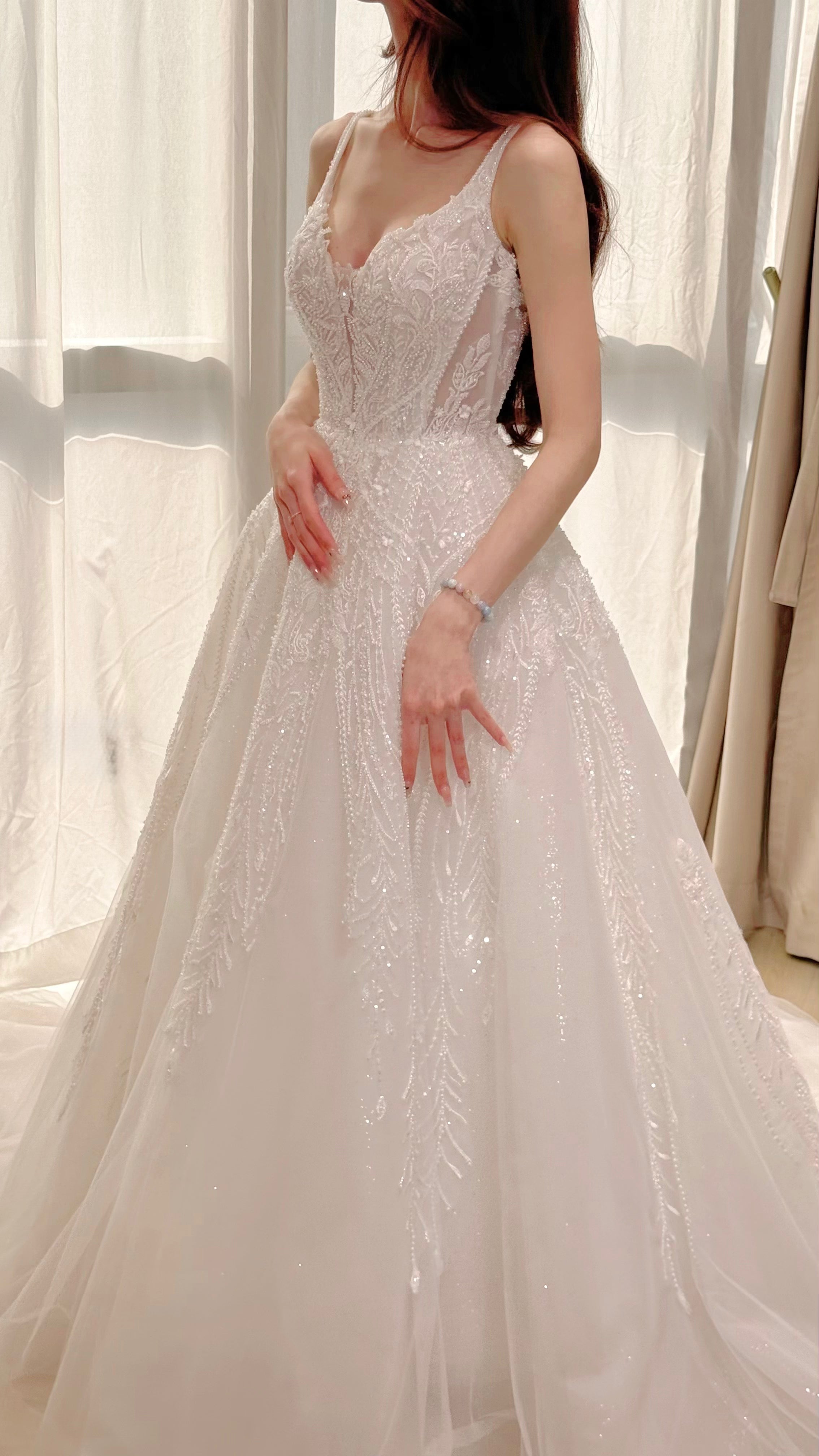 Sparkling Crystal Embroidered Bridal Gown with Low V-Back and Train