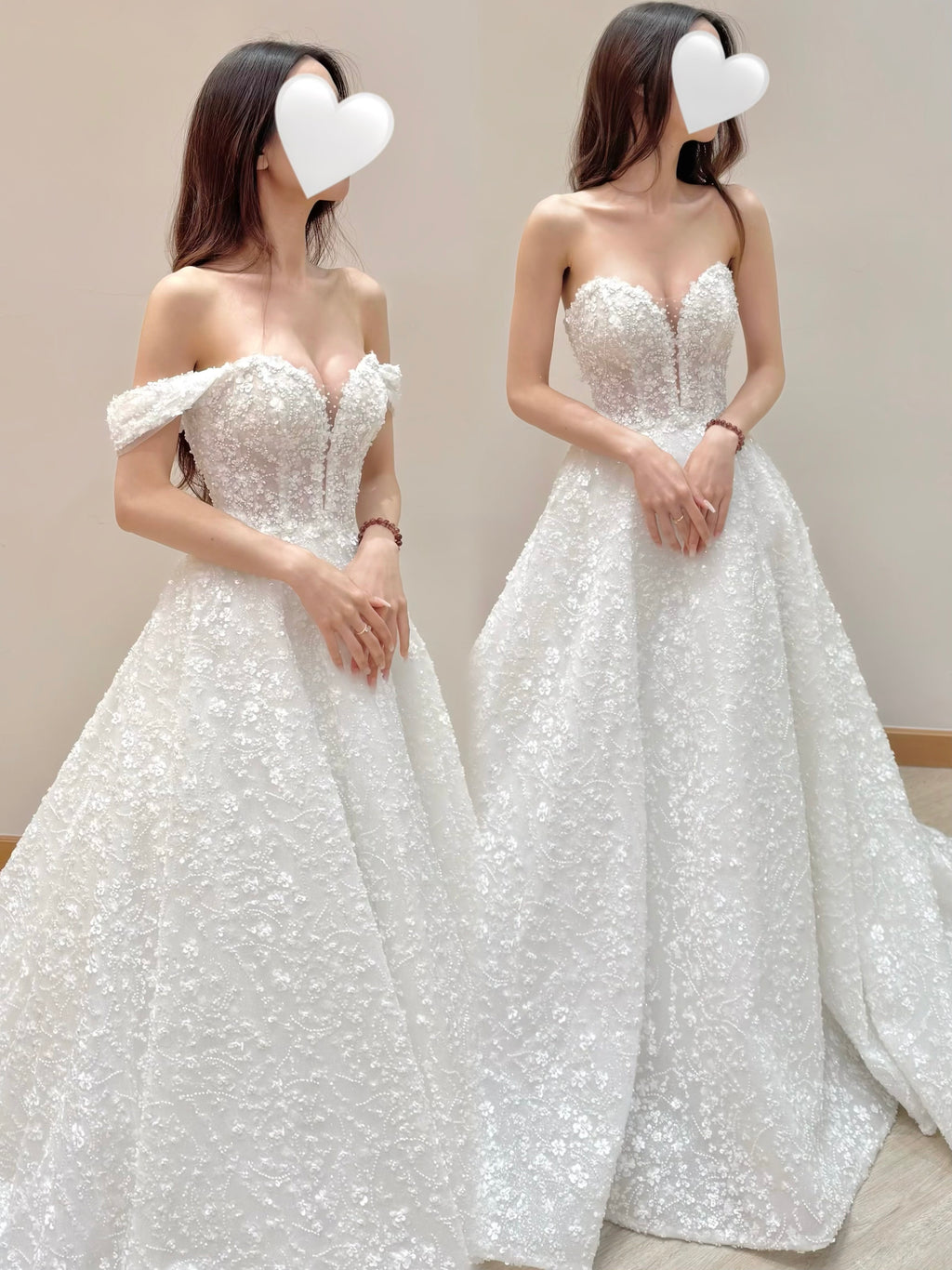 Off-the-Shoulder Beaded Lace Ball Gown Wedding Dress with Detachable Sleeves