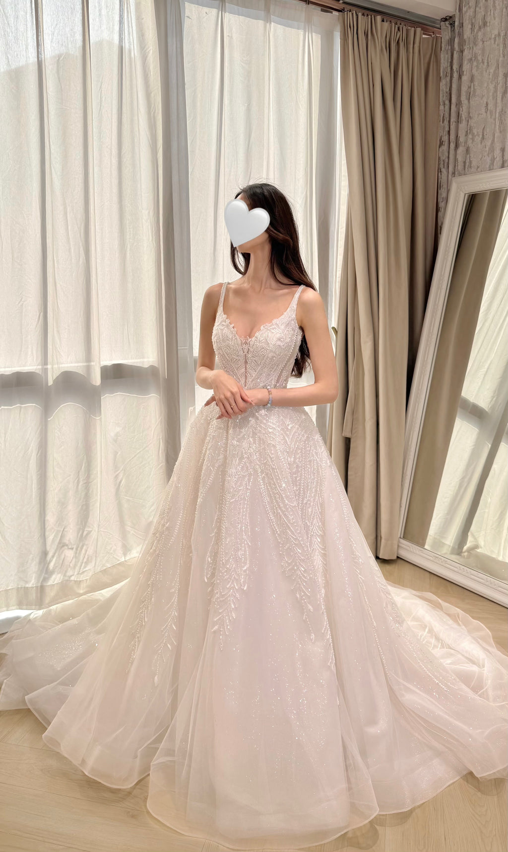 Sparkling Crystal Embroidered Bridal Gown with Low V-Back and Train