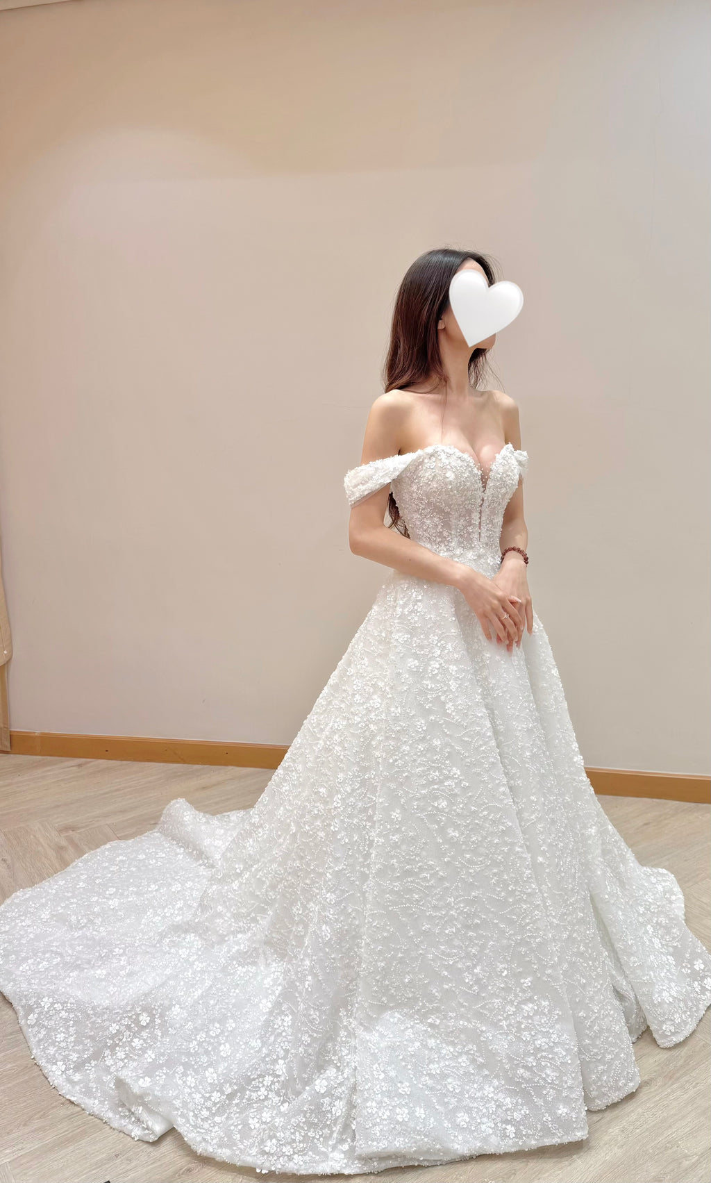 Off-the-Shoulder Beaded Lace Ball Gown Wedding Dress with Detachable Sleeves