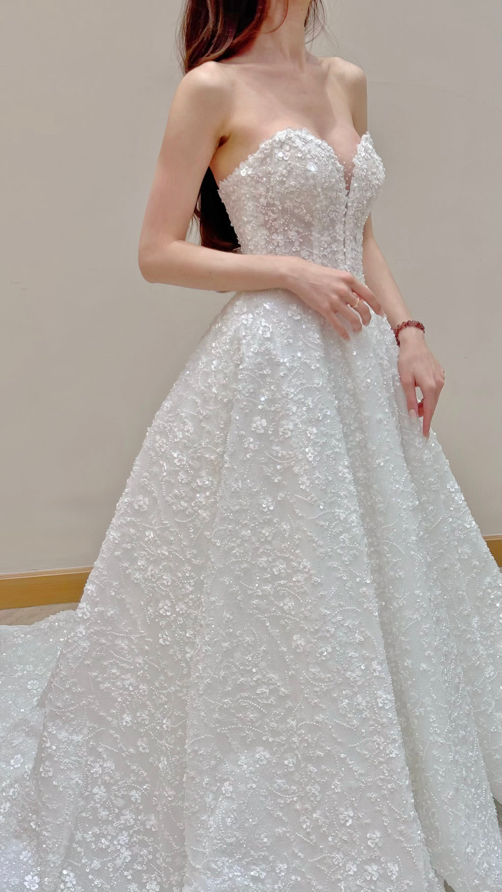 Off-the-Shoulder Beaded Lace Ball Gown Wedding Dress with Detachable Sleeves