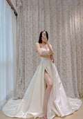 Strapless Ivory Satin A-Line Wedding Dress with High Slit and Draped Bodice