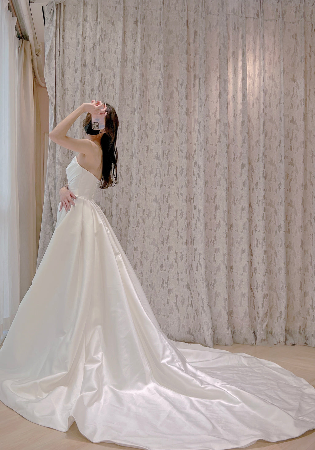 Strapless Ivory Satin A-Line Wedding Dress with High Slit and Draped Bodice
