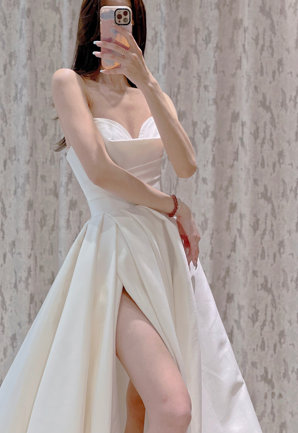 Strapless Ivory Satin A-Line Wedding Dress with High Slit and Draped Bodice