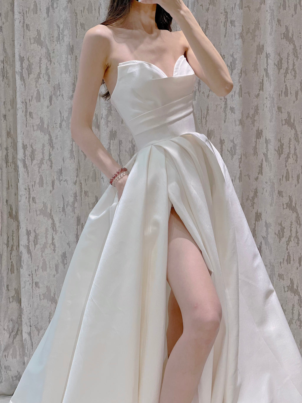 Strapless Ivory Satin A-Line Wedding Dress with High Slit and Draped Bodice