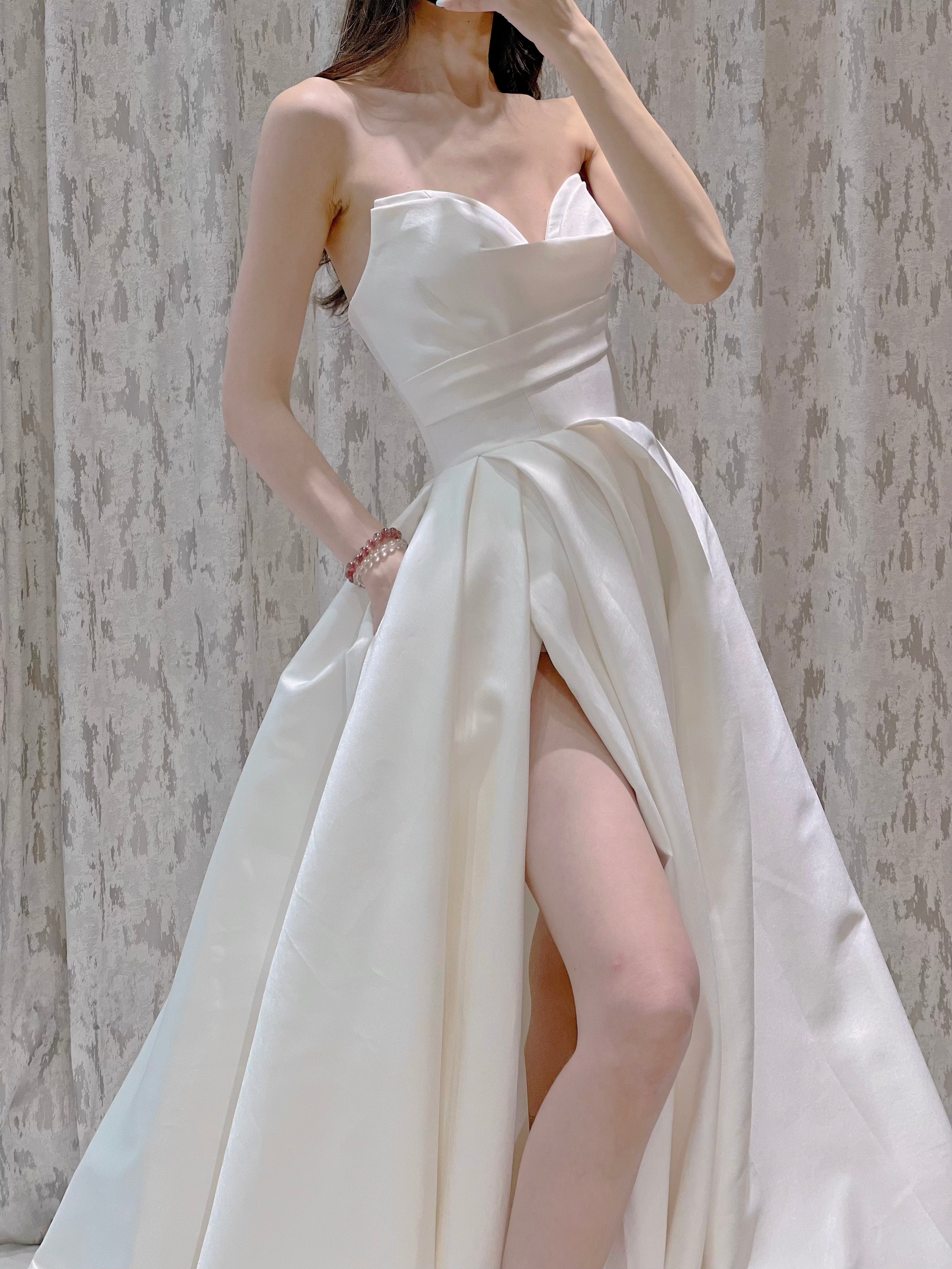 Strapless Ivory Satin A-Line Wedding Dress with High Slit and Draped Bodice