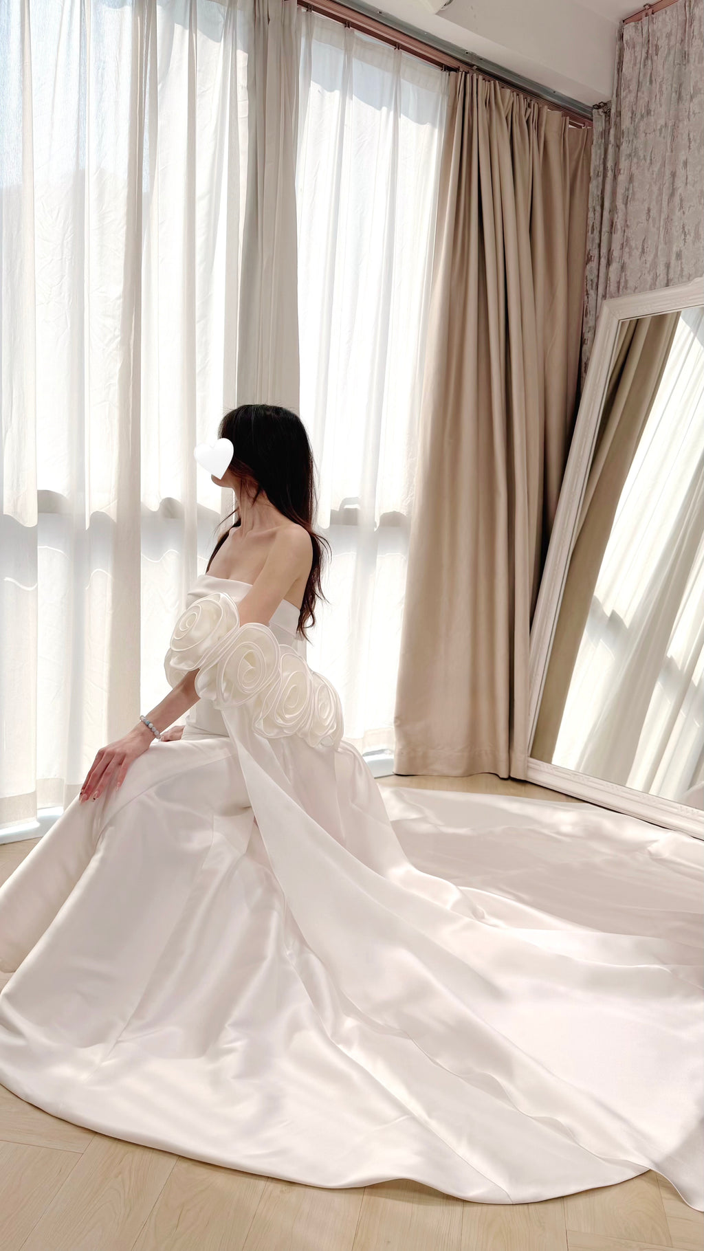Satin Strapless Mermaid Wedding Dress with Detachable Rose Sleeves and Train
