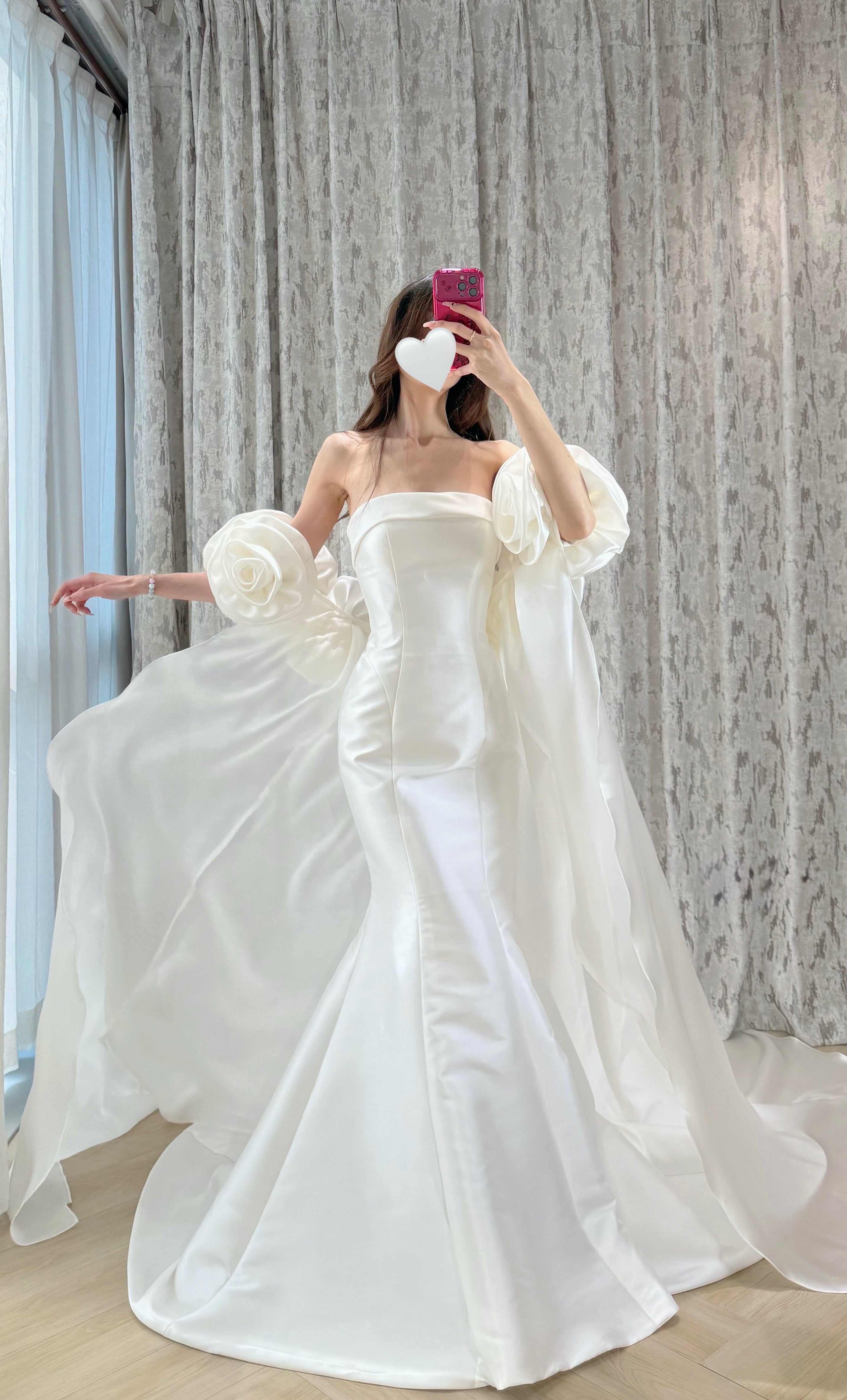 Satin Strapless Mermaid Wedding Dress with Detachable Rose Sleeves and Train