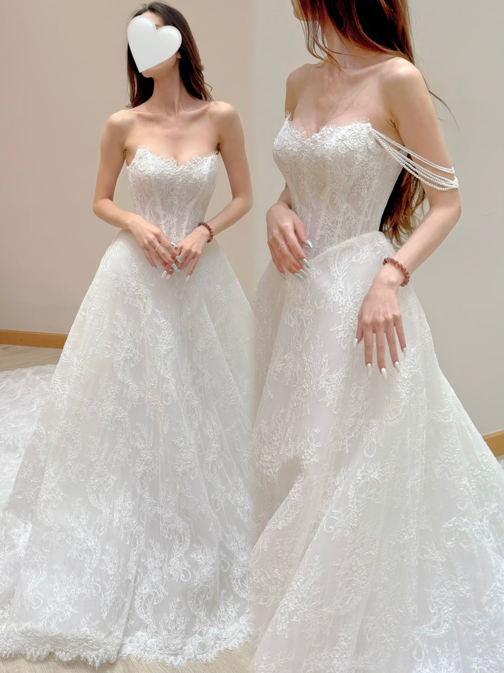 Lace Ball Gown Wedding Dress with Detachable Pearl Off-the-Shoulder Straps
