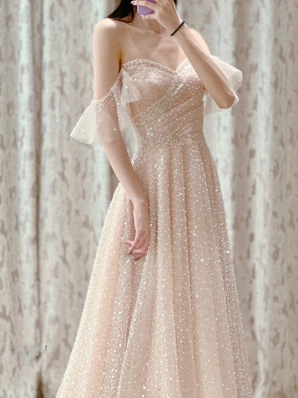 Off-the-Shoulder Glitter Tulle Evening Dress with Ruffled Sleeves